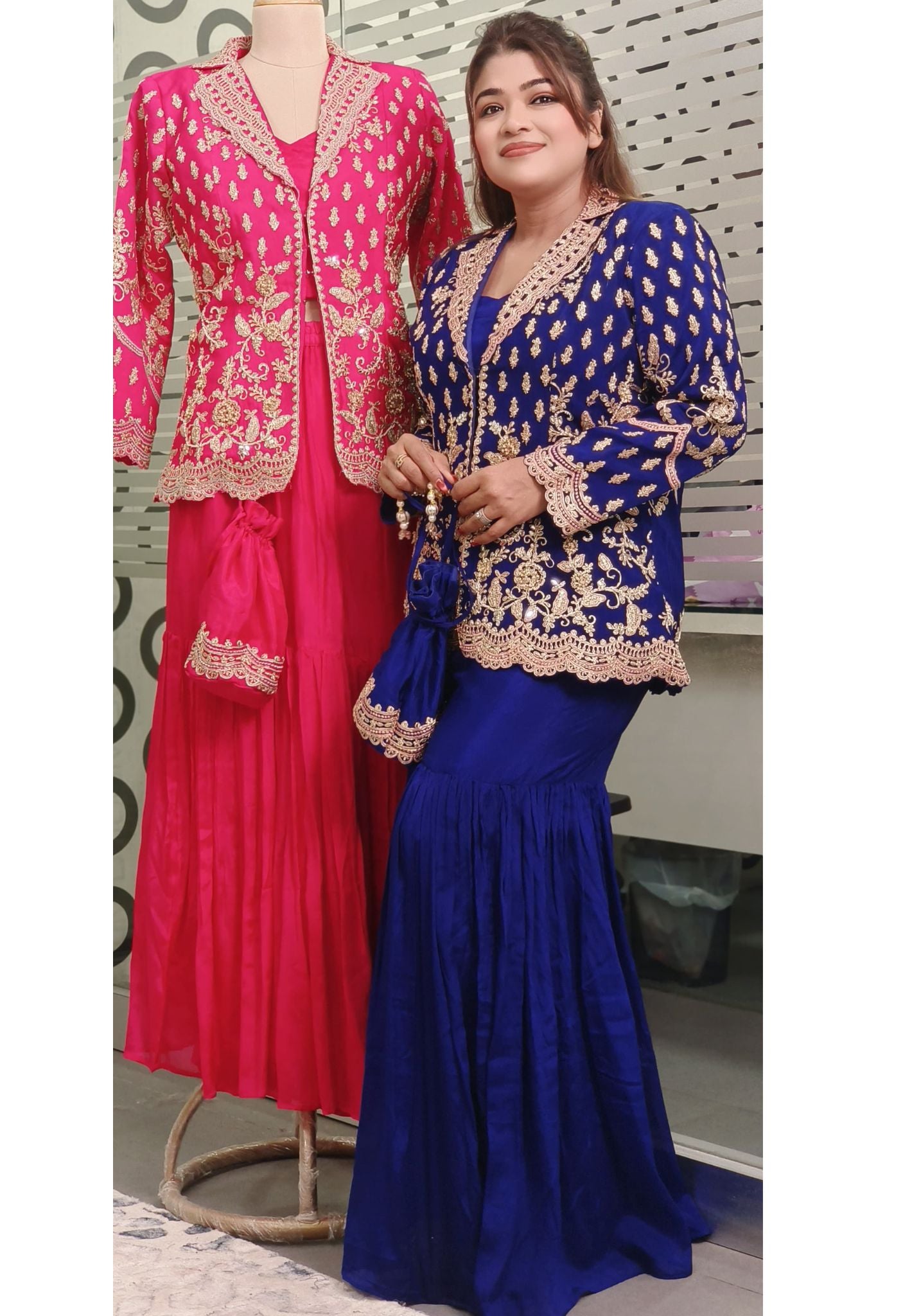 Luxurious Embroidered Silk Sharara Set with Intricate Zari Work and Designer Jacket – Elegant Party Wear Outfit in Vibrant Colors DRY WASH-