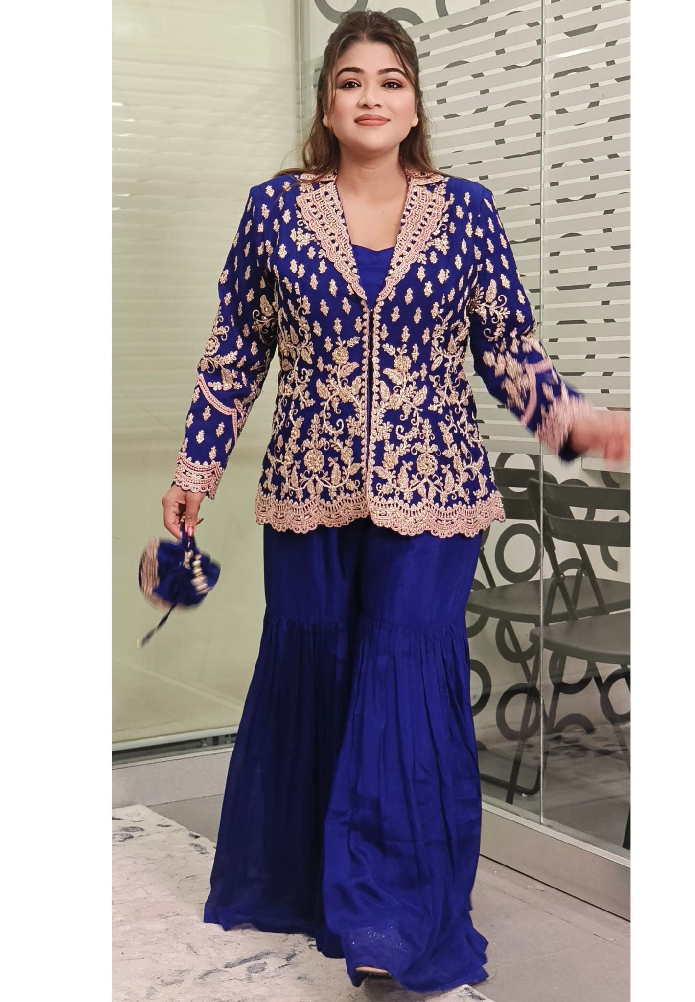 Luxurious Embroidered Silk Sharara Set with Intricate Zari Work and Designer Jacket – Elegant Party Wear Outfit in Vibrant Colors DRY WASH-