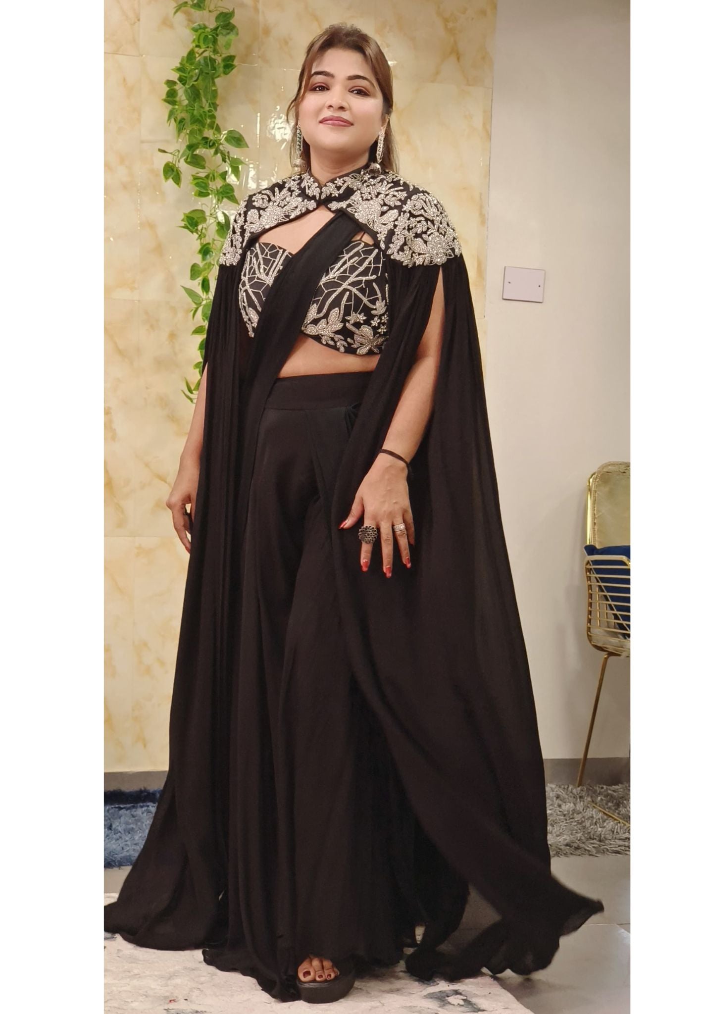 A stylish and sophisticated ensemble featuring a beautifully embroidered cape paired with tailored Palazzo, Perfect for any event. DRY WASH-