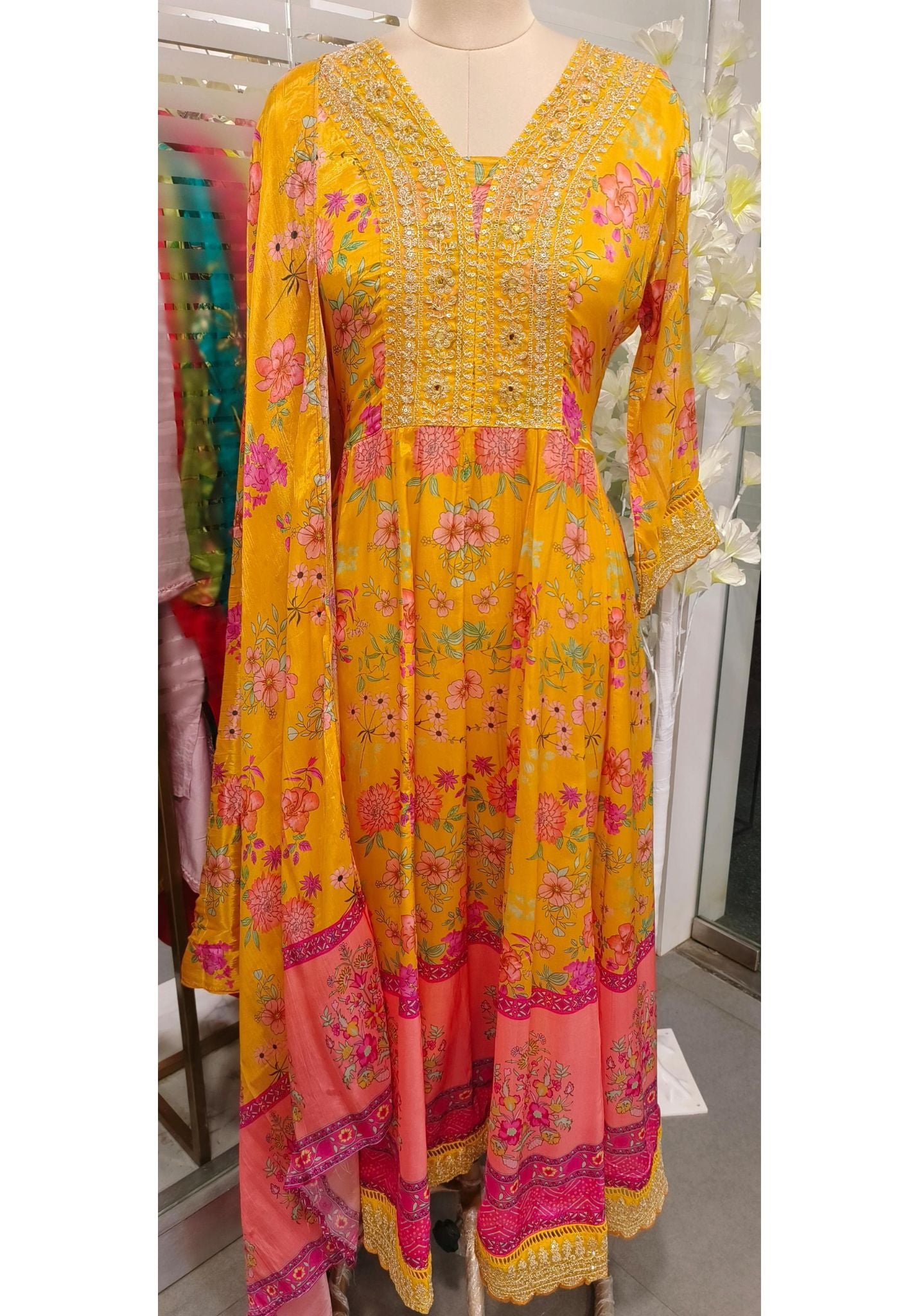 Beautiful Zardozi Neck Work Floral Printed Anarkali, Pant and Printed Dupatta-08078