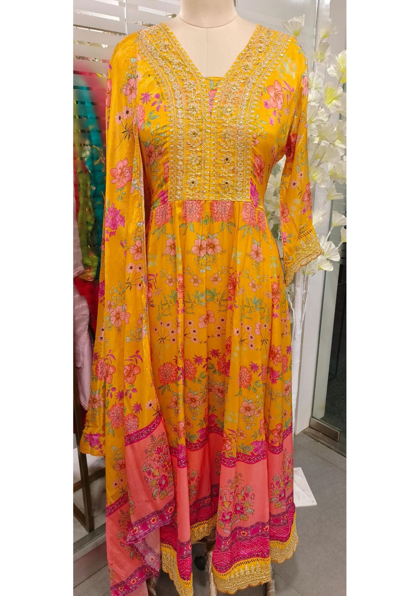 Beautiful Zardozi Neck Work Floral Printed Anarkali, Pant and Printed Dupatta-08078