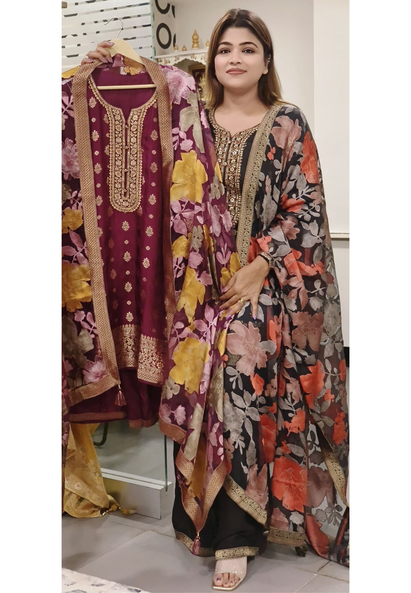 Beautiful Neck Embroidery Banarasi Kurta And Palazzo With Floral Printed Dupatta-08067-08043
