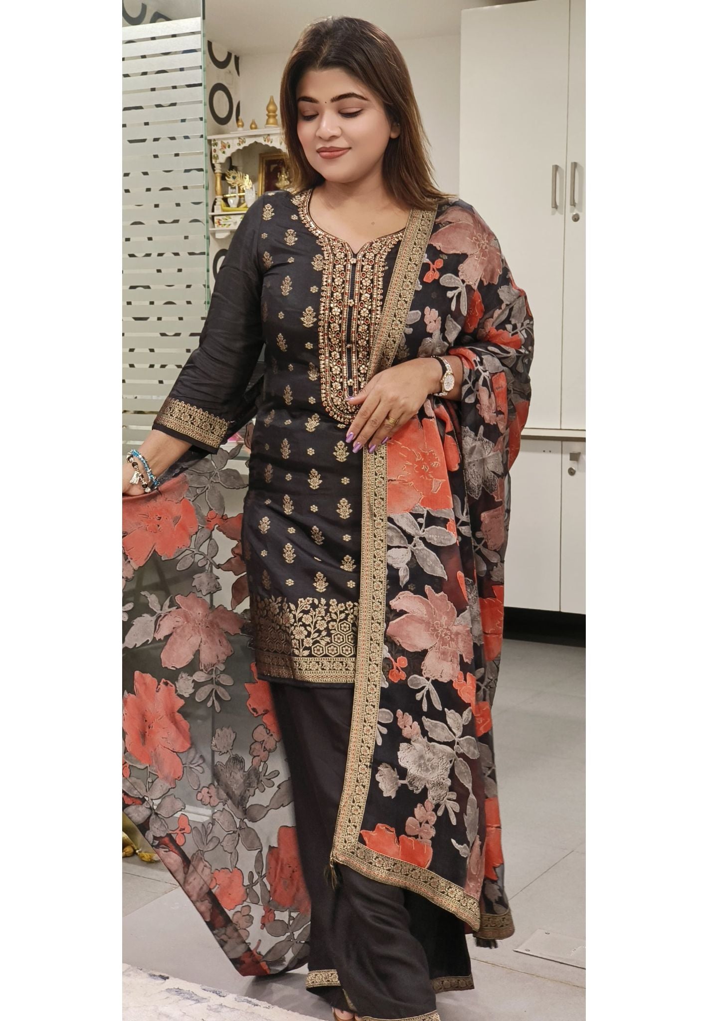 Beautiful Neck Embroidery Banarasi Kurta And Palazzo With Floral Printed Dupatta-08067-08043