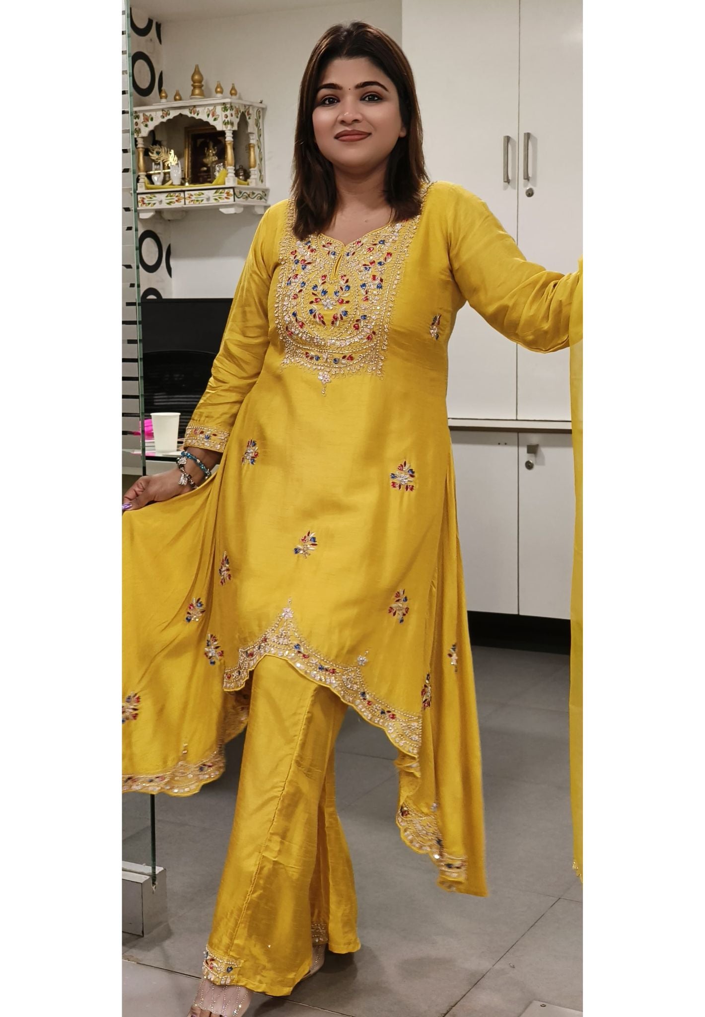 Beautiful Zardozi And pearl Embroidered High And Low Kurta And Pant With Dupatta-08076