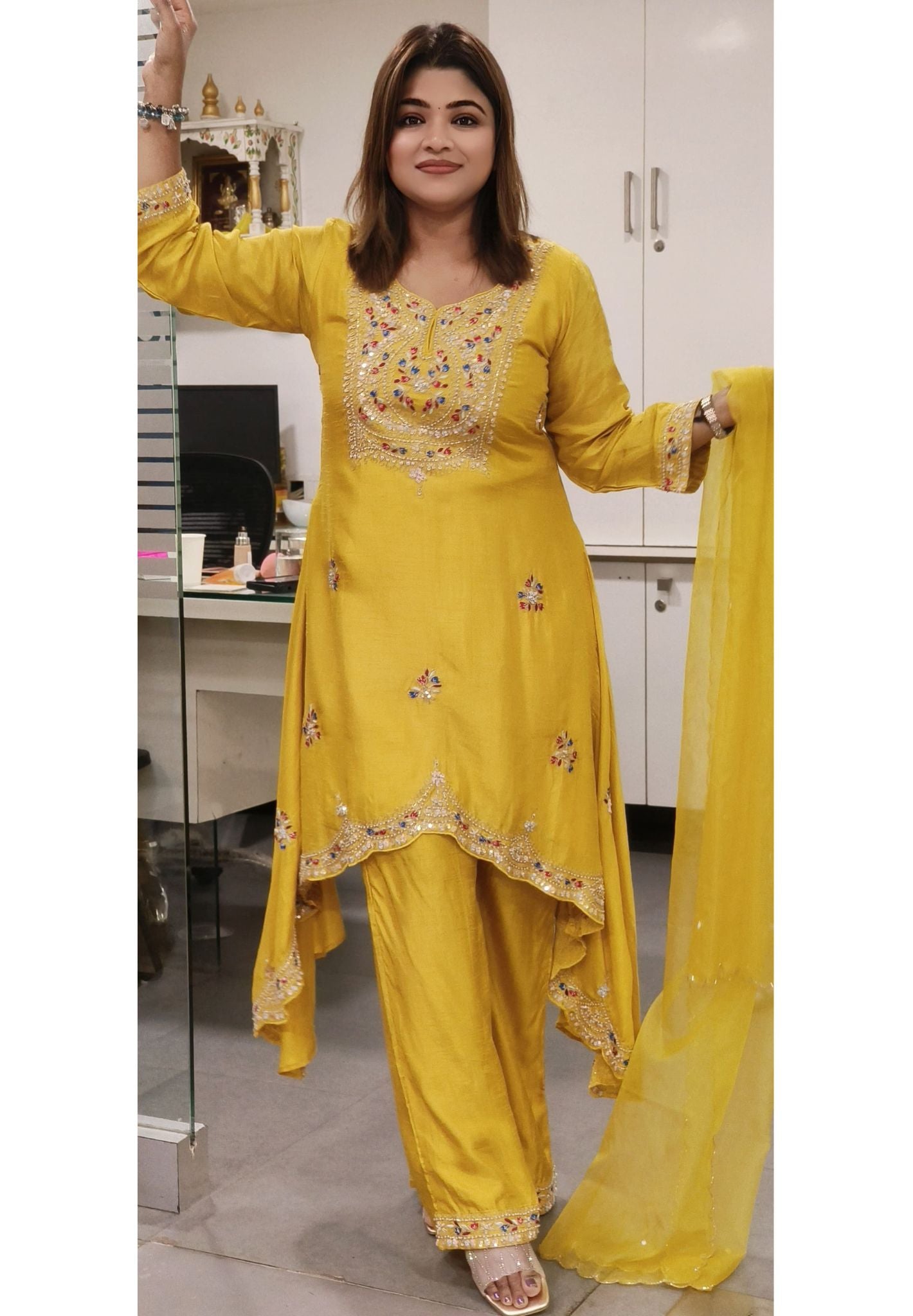 Beautiful Zardozi And pearl Embroidered High And Low Kurta And Pant With Dupatta-08076