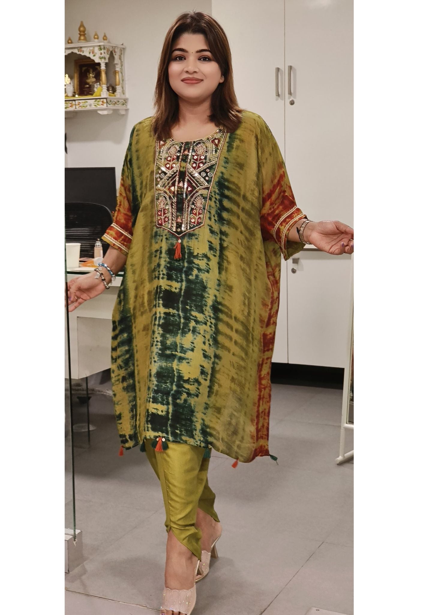 Neck Embroidered Printed Kaftan with Tulip Pant-08079-08073