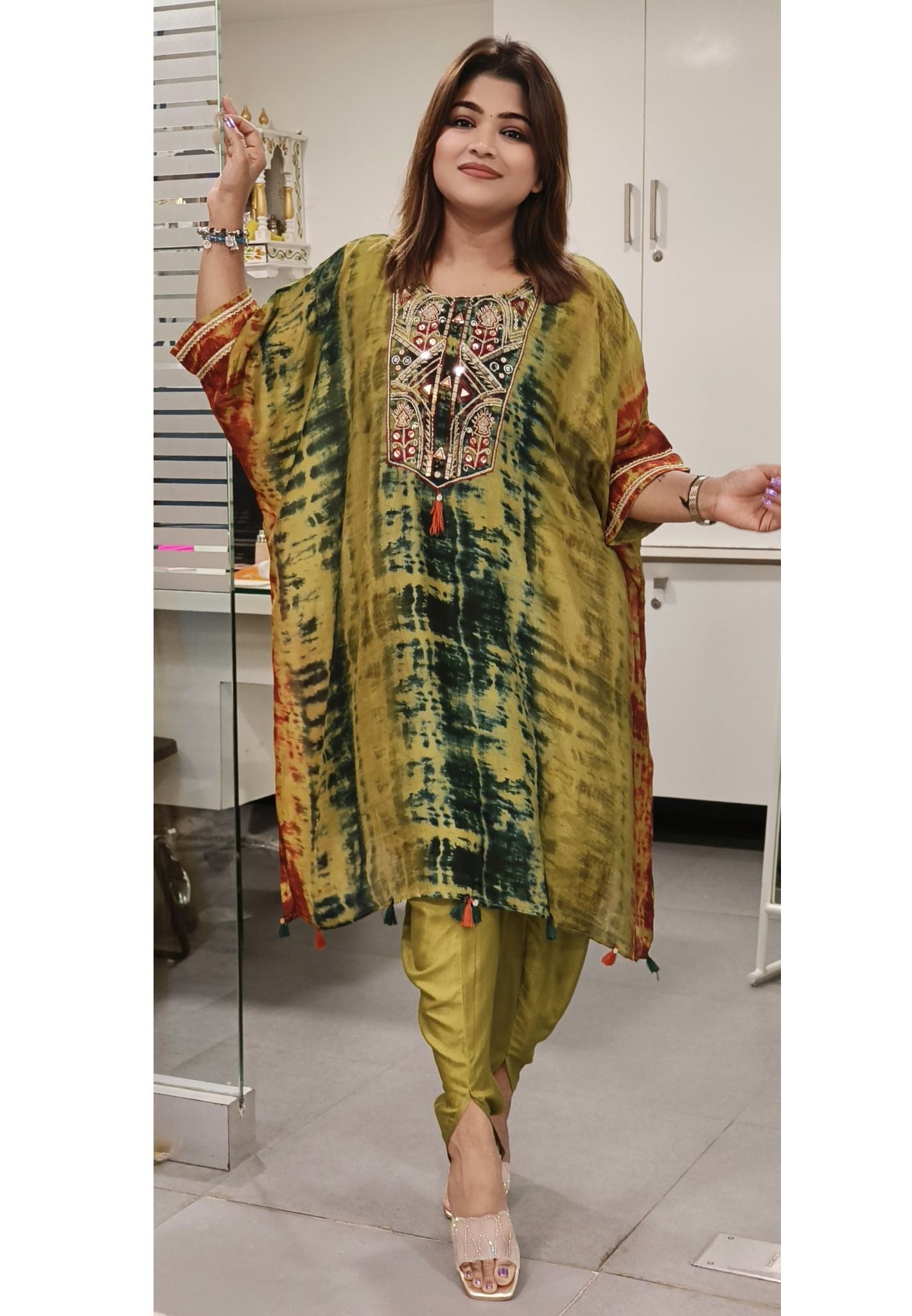 Neck Embroidered Printed Kaftan with Tulip Pant-08079-08073