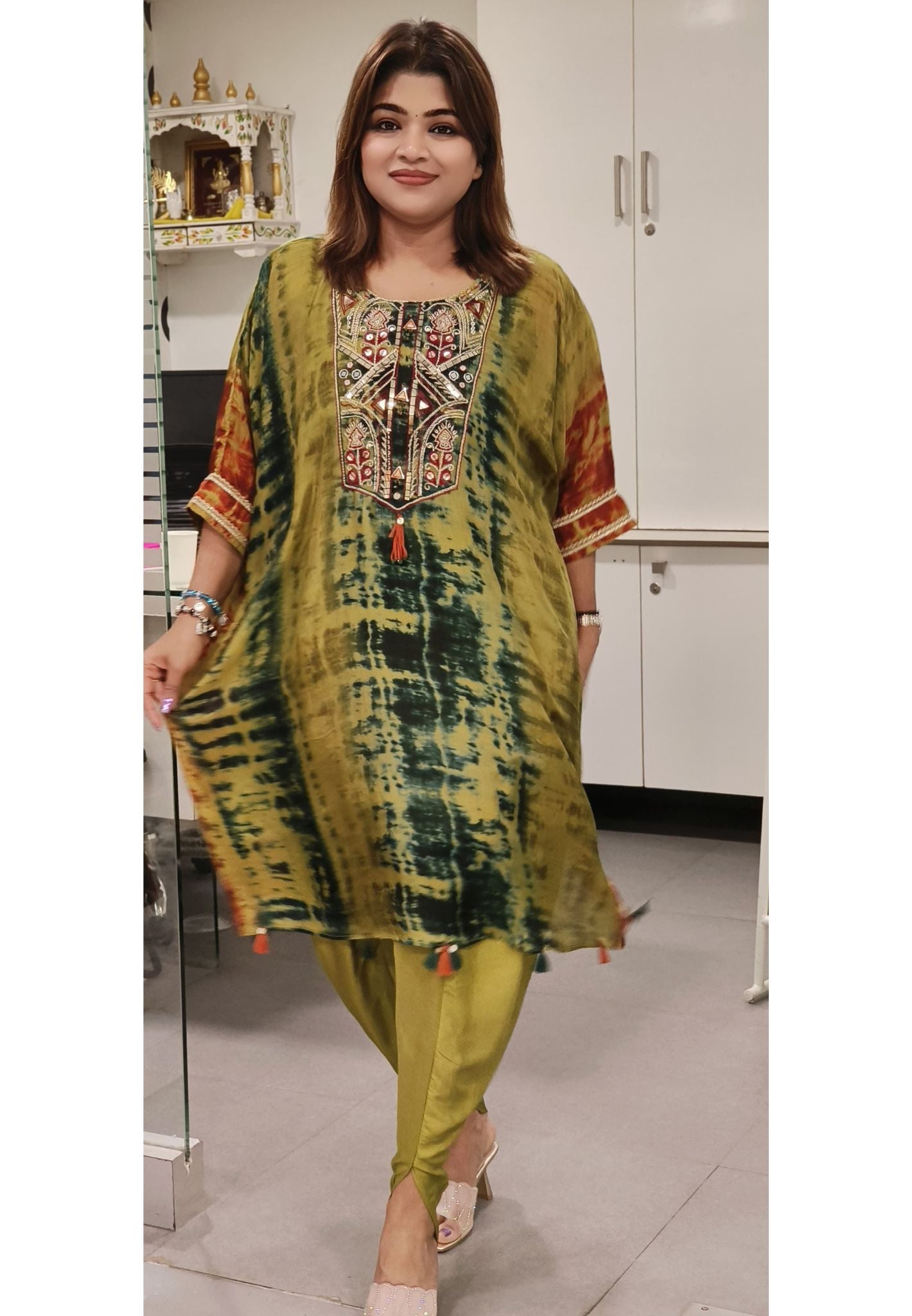 Neck Embroidered Printed Kaftan with Tulip Pant-08079-08073