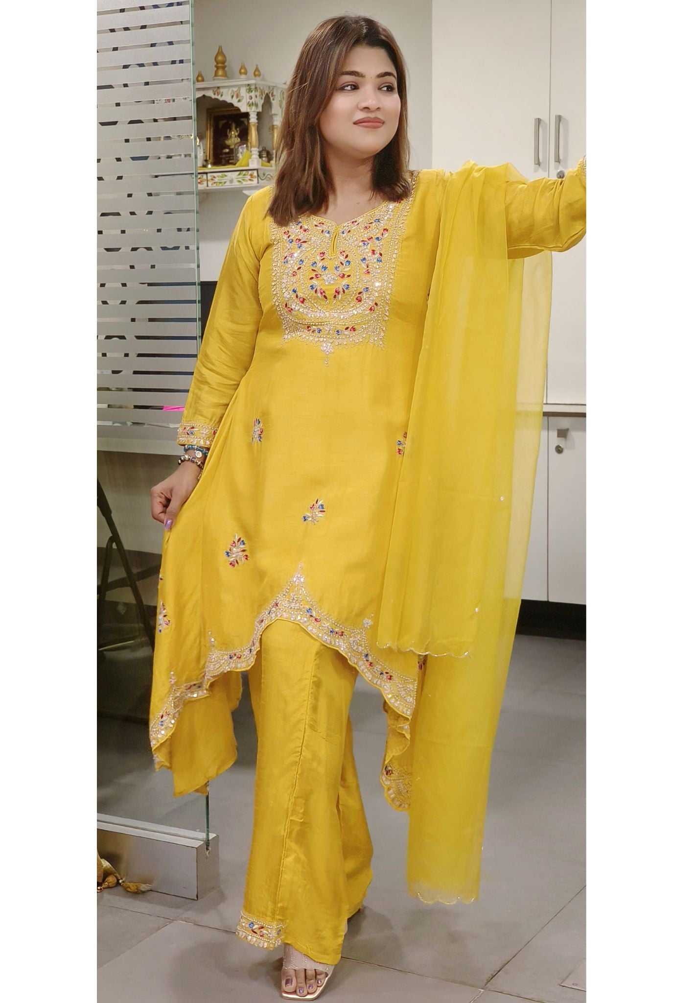 Beautiful Zardozi And pearl Embroidered High And Low Kurta And Pant With Dupatta-08076