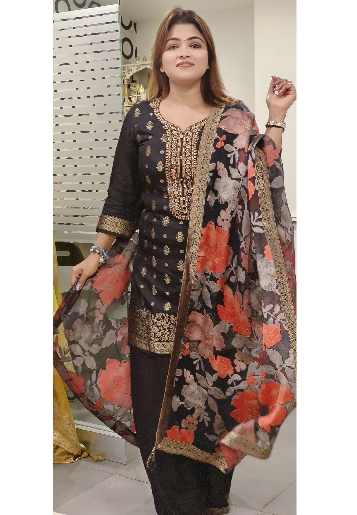 Beautiful Neck Embroidery Banarasi Kurta And Palazzo With Floral Printed Dupatta-08067-08043