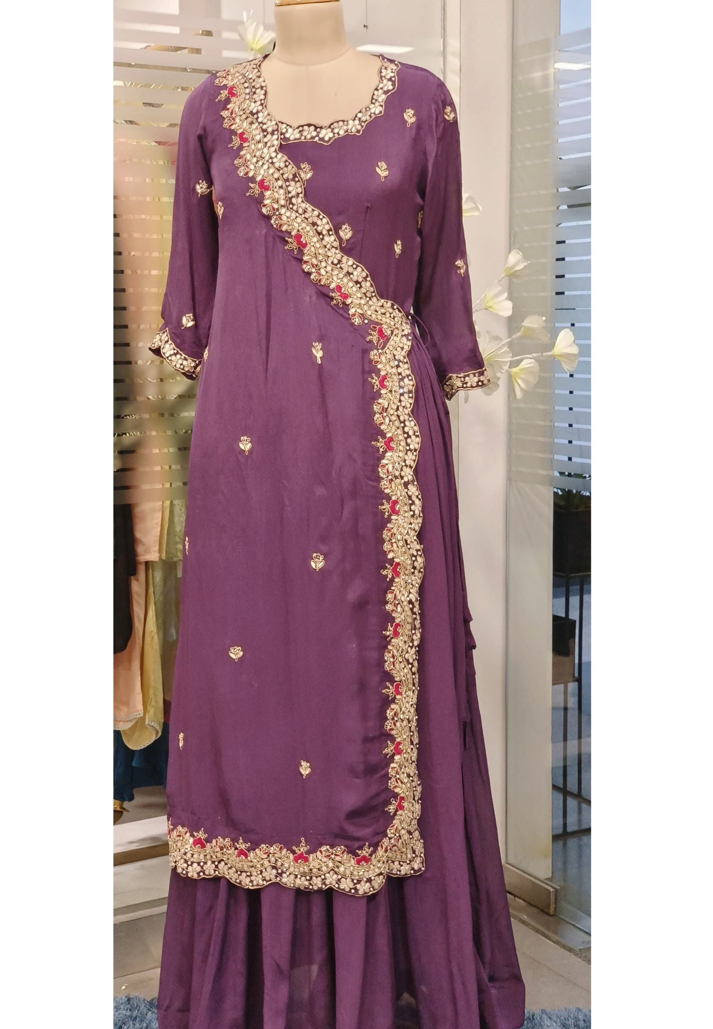 Designer Chinon Angrakha Pattern Zardosi hand embroidered Work Gown with flap style Gown