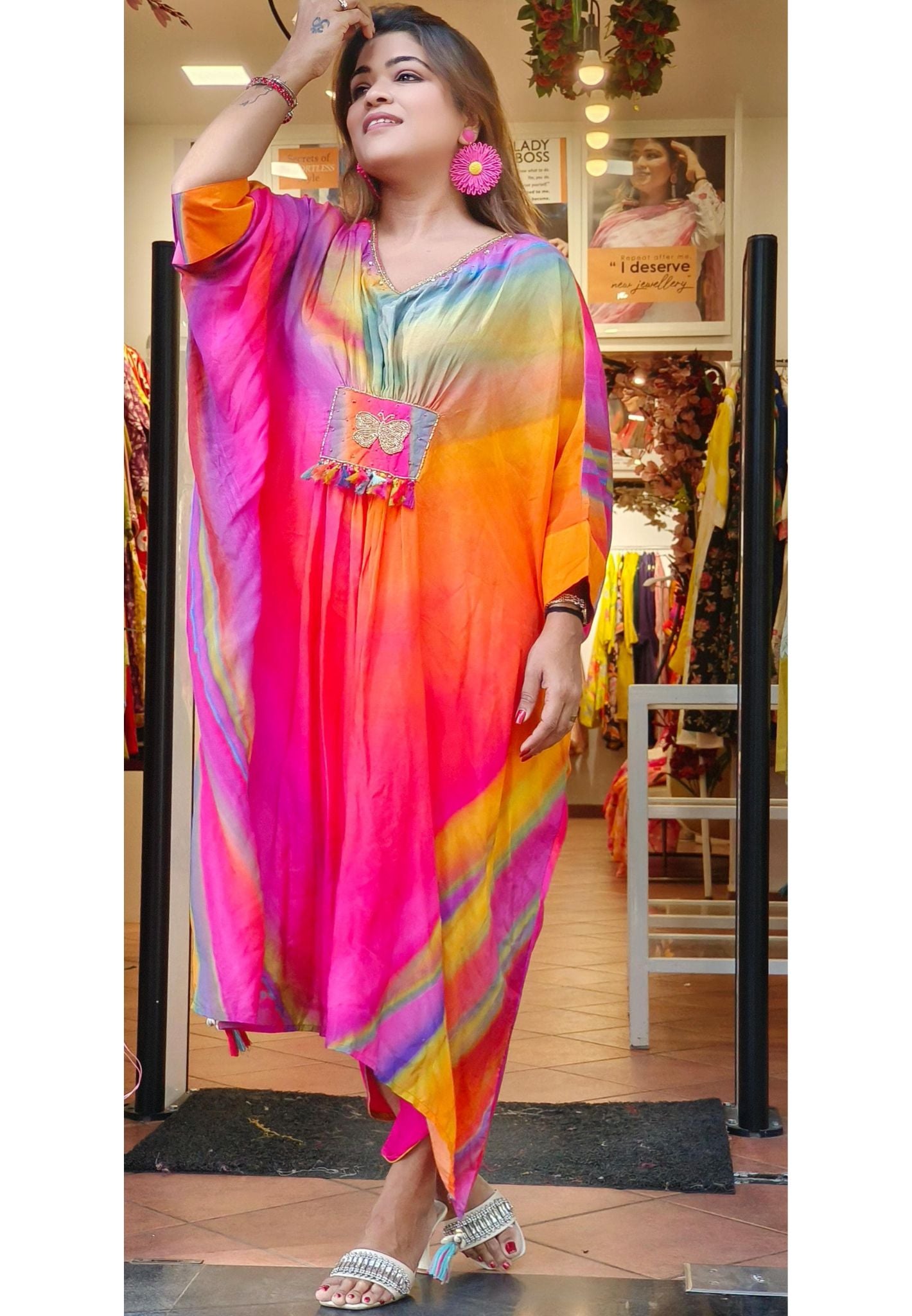 Elegant Multi-Shade Muslin Kaftan with Matching Tulip Bottom – A Perfect Blend of Comfort and Style-08652