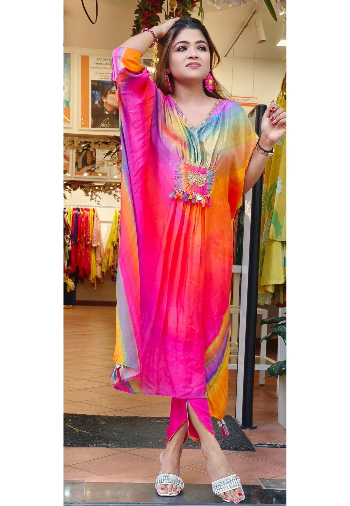 Elegant Multi-Shade Muslin Kaftan with Matching Tulip Bottom – A Perfect Blend of Comfort and Style-08652