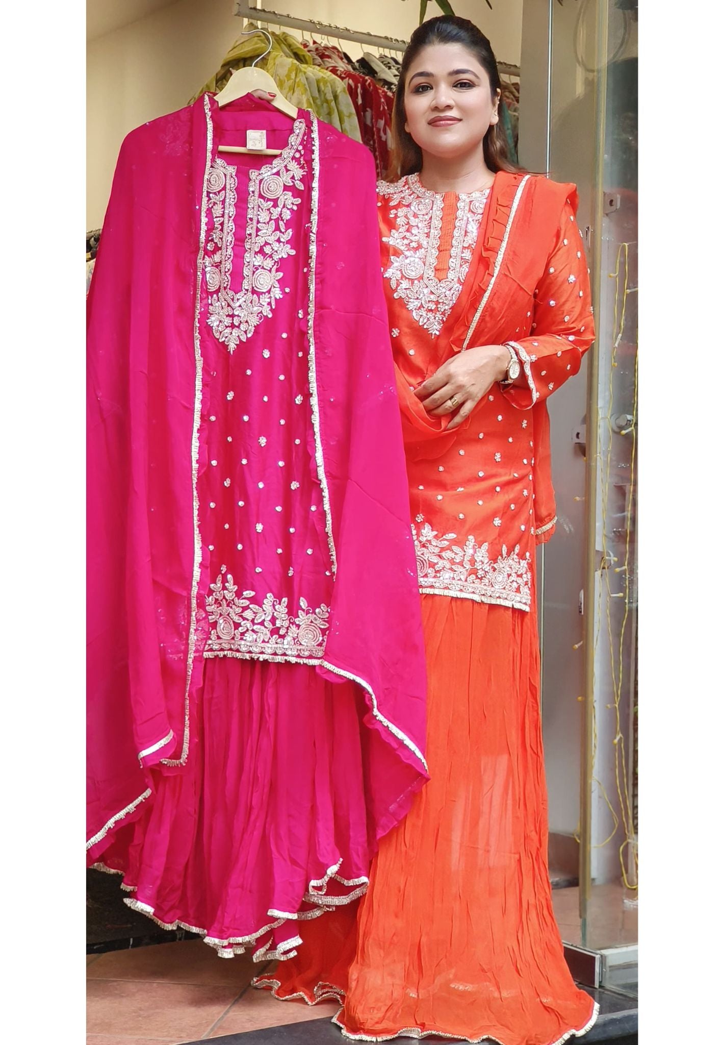 Stunning Ethnic Silk Kurta with Tara Embellishment, Flared Georgette Sharara, and Georgette Ruffle Dupatta-08723