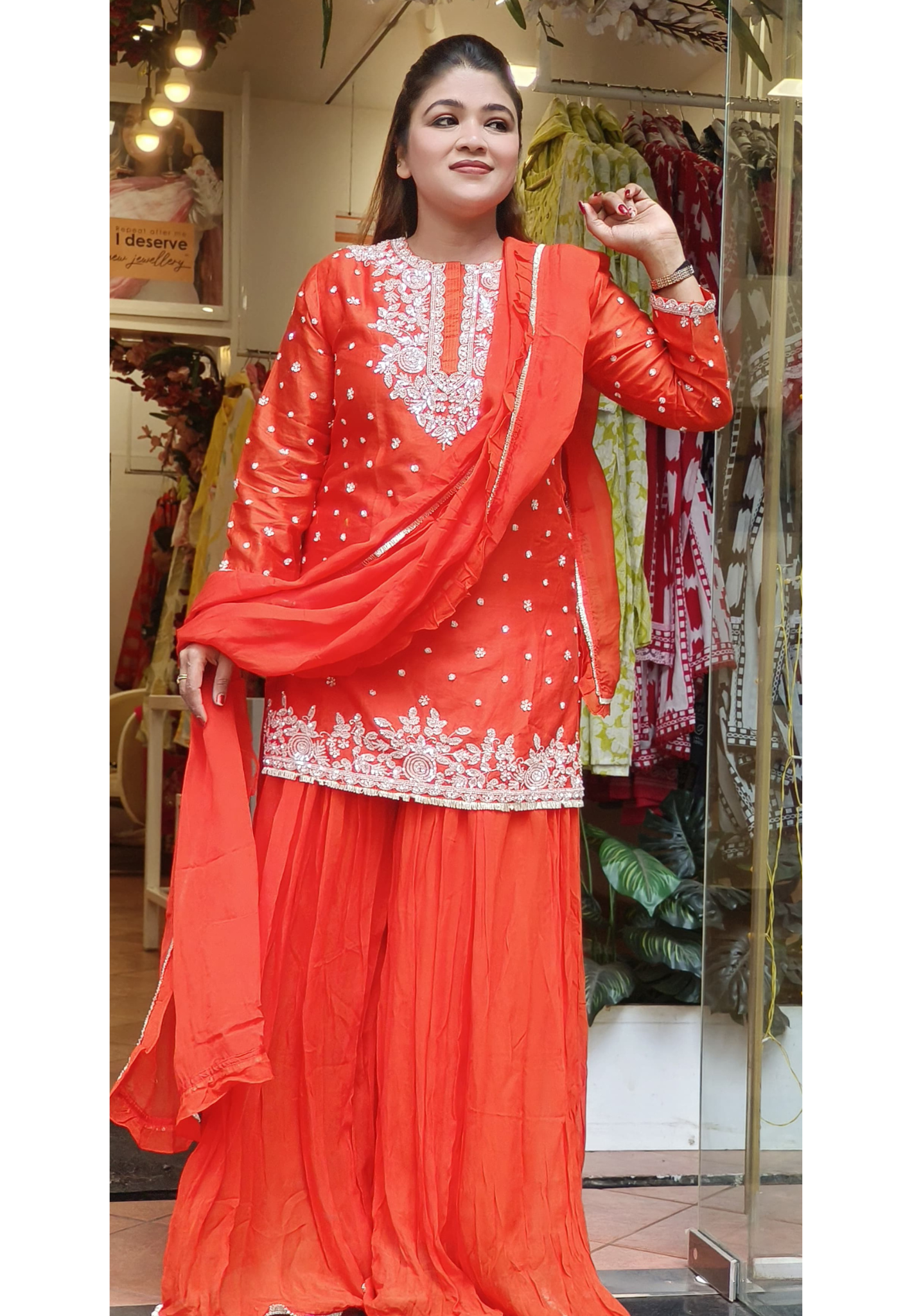 Stunning Ethnic Silk Kurta with Tara Embellishment, Flared Georgette Sharara, and Georgette Ruffle Dupatta-08723