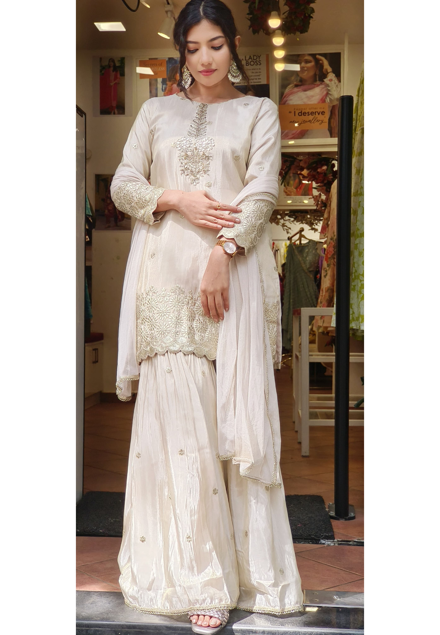 Graceful Ivory Shimmer Tissue Gotta Patti Embroidered Top with Matching Sharara and Netted Dupatta 08471