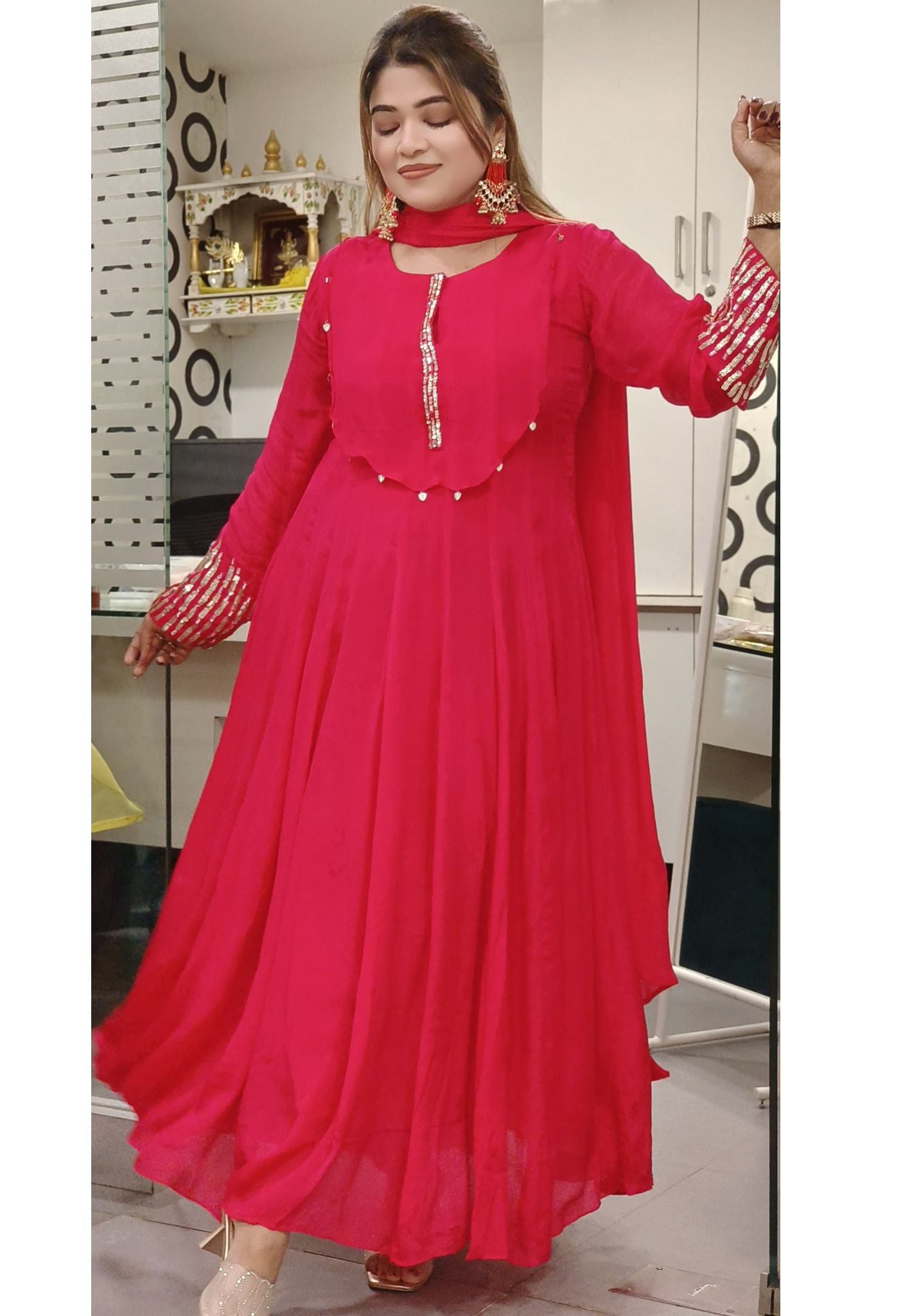 Graceful Chinon Anarkali Party Wear Set with Intricate Neck and Sleeve Embroidery-08757