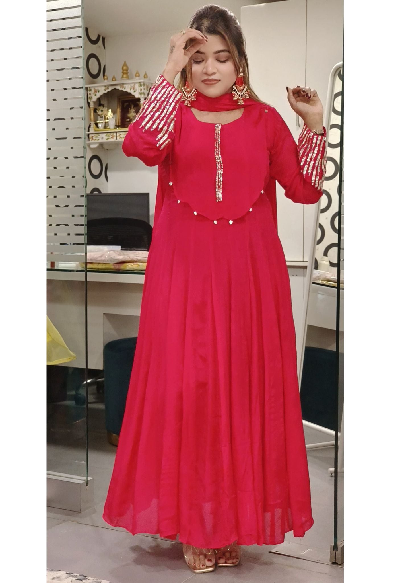 Graceful Chinon Anarkali Party Wear Set with Intricate Neck and Sleeve Embroidery-08757