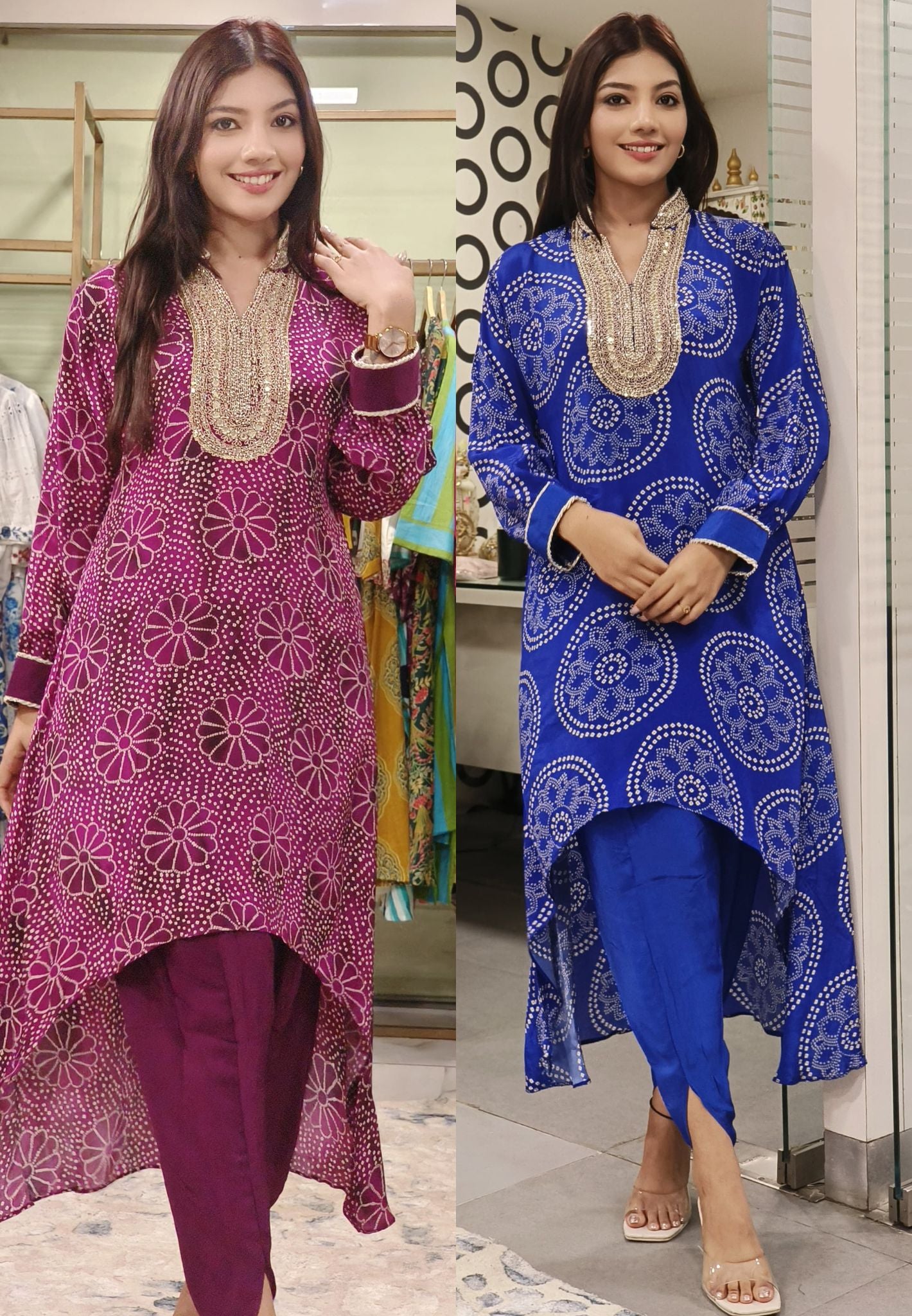 Stylish Bandhani Print High-Low Kurti with Tulip Pants Embellished Neckline-08862-08863