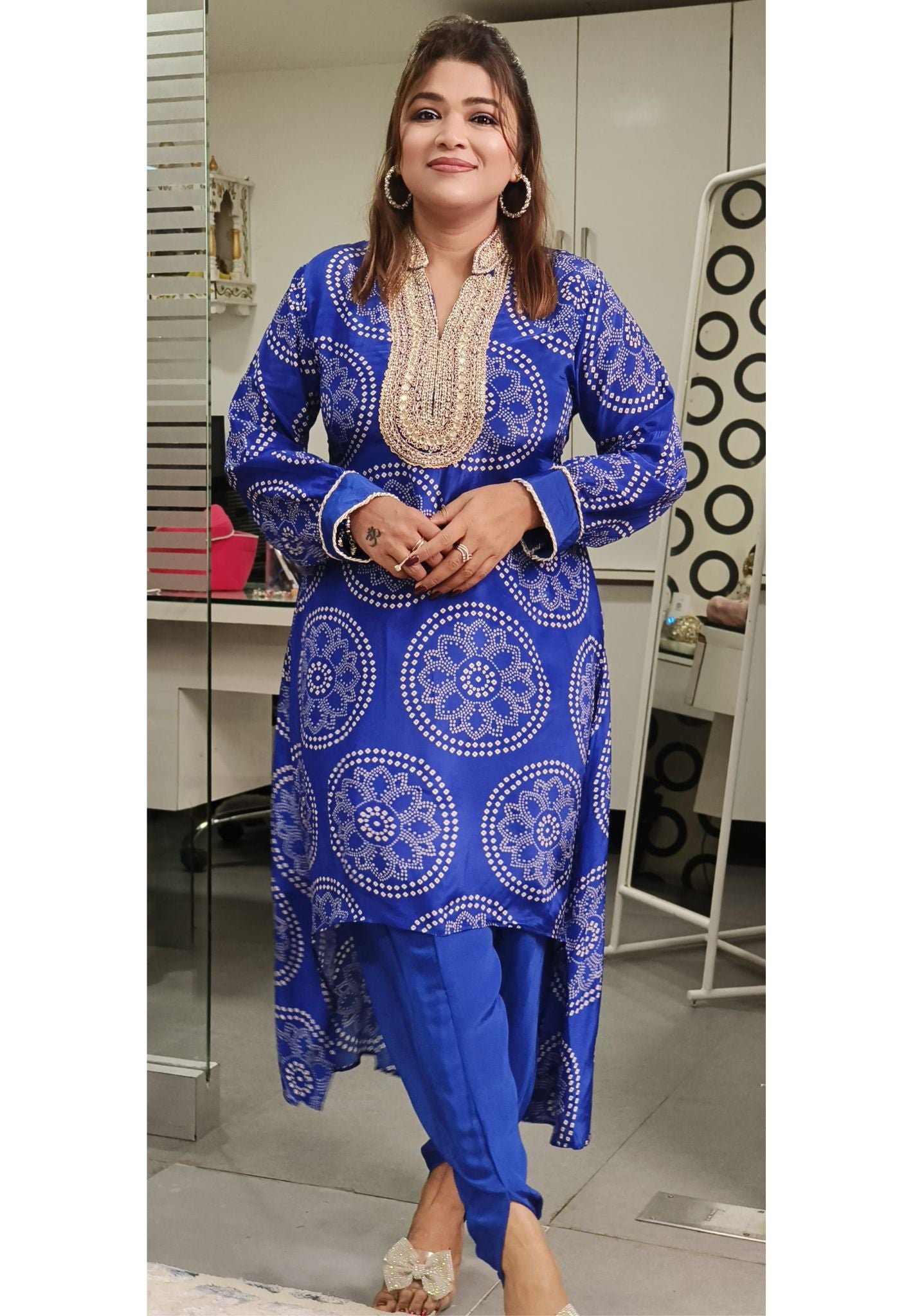 Stylish Bandhani Print High-Low Kurti with Tulip Pants Embellished Neckline-08862-08863