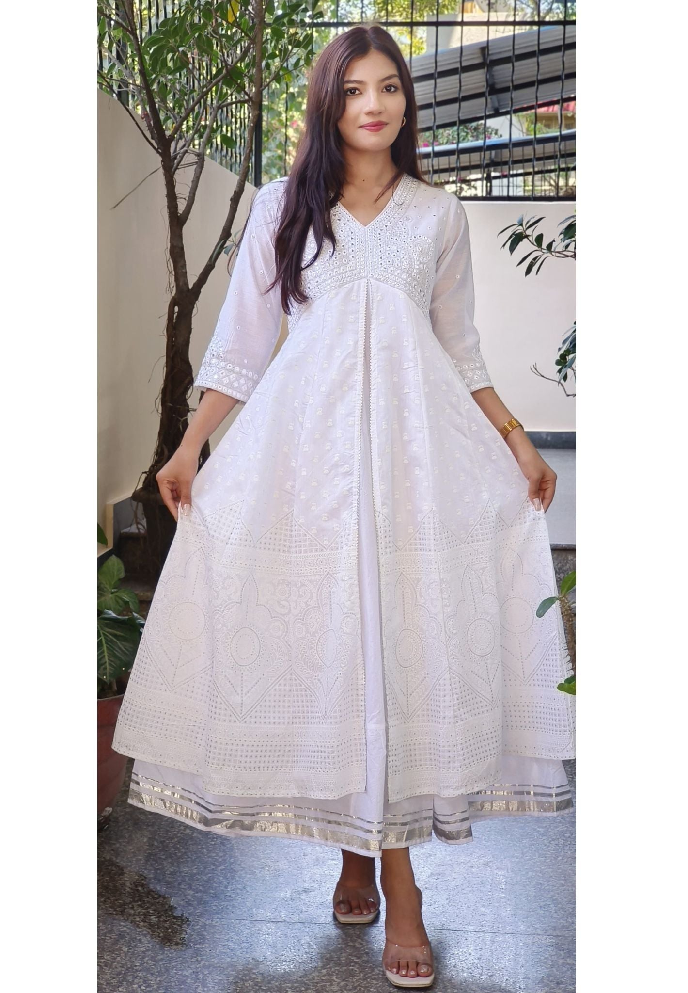 Elegant Foil Mirror Cotton Anarkali Kurti Gown
