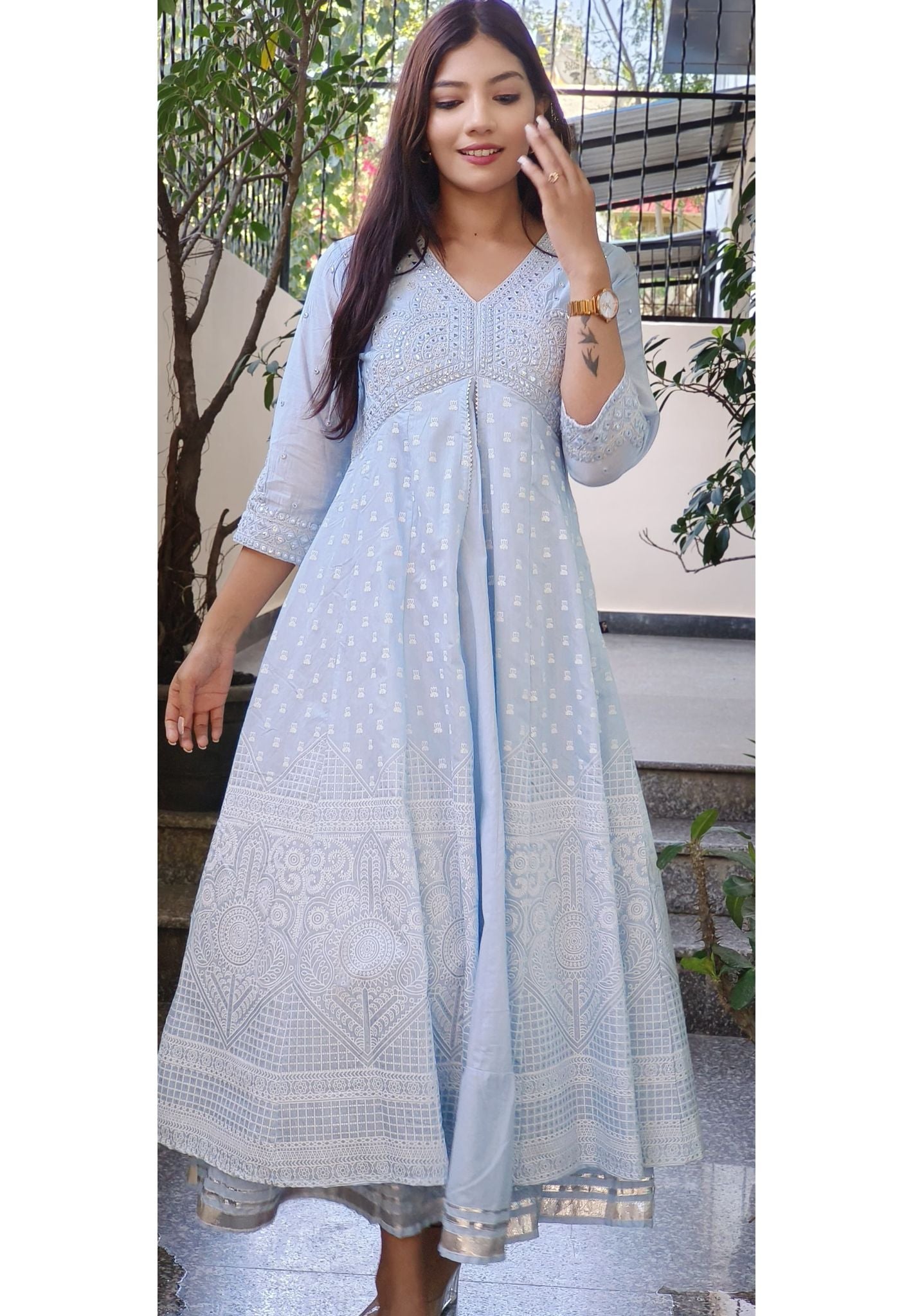 Elegant Foil Mirror Cotton Anarkali Kurti Gown