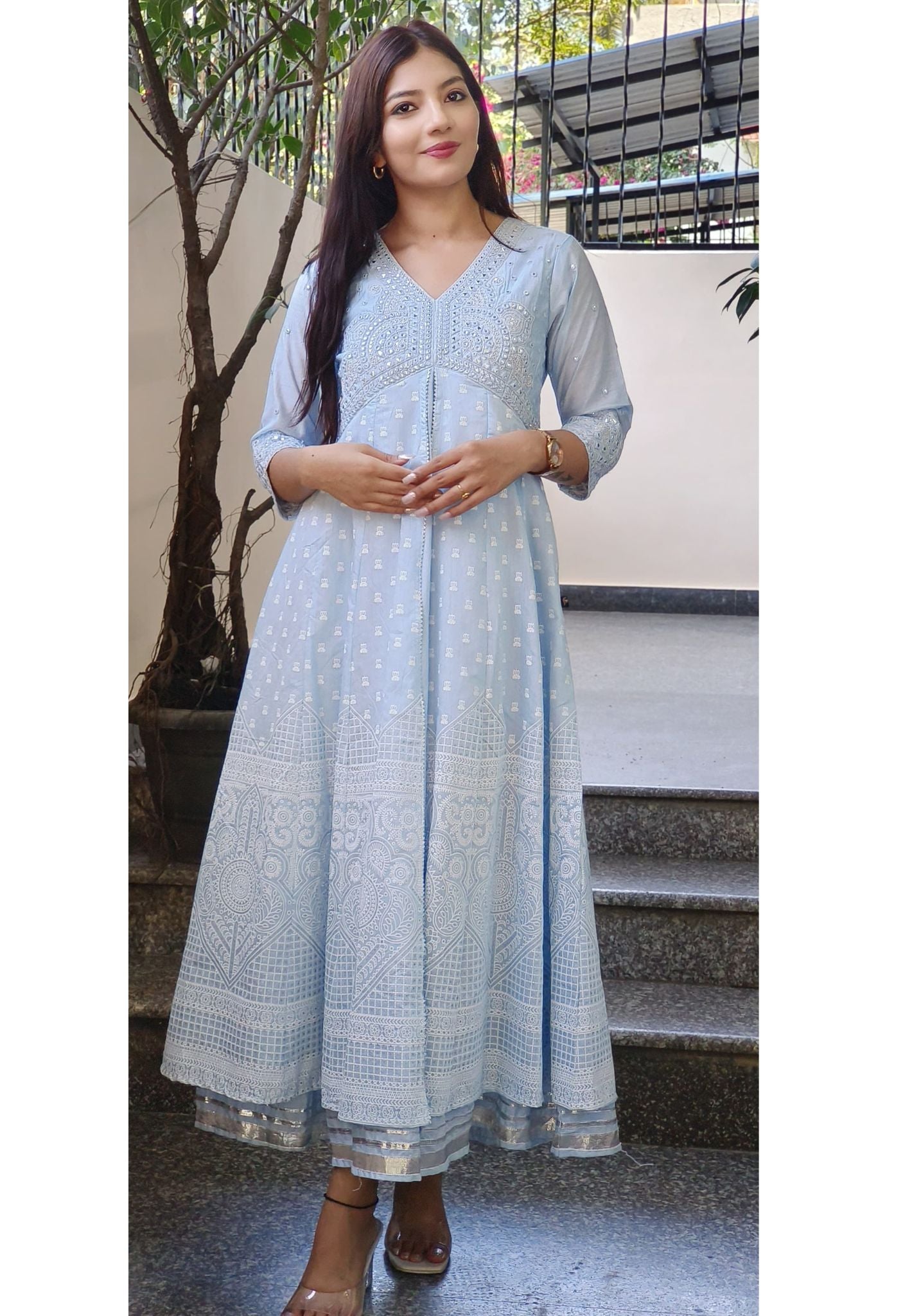 Elegant Foil Mirror Cotton Anarkali Kurti Gown