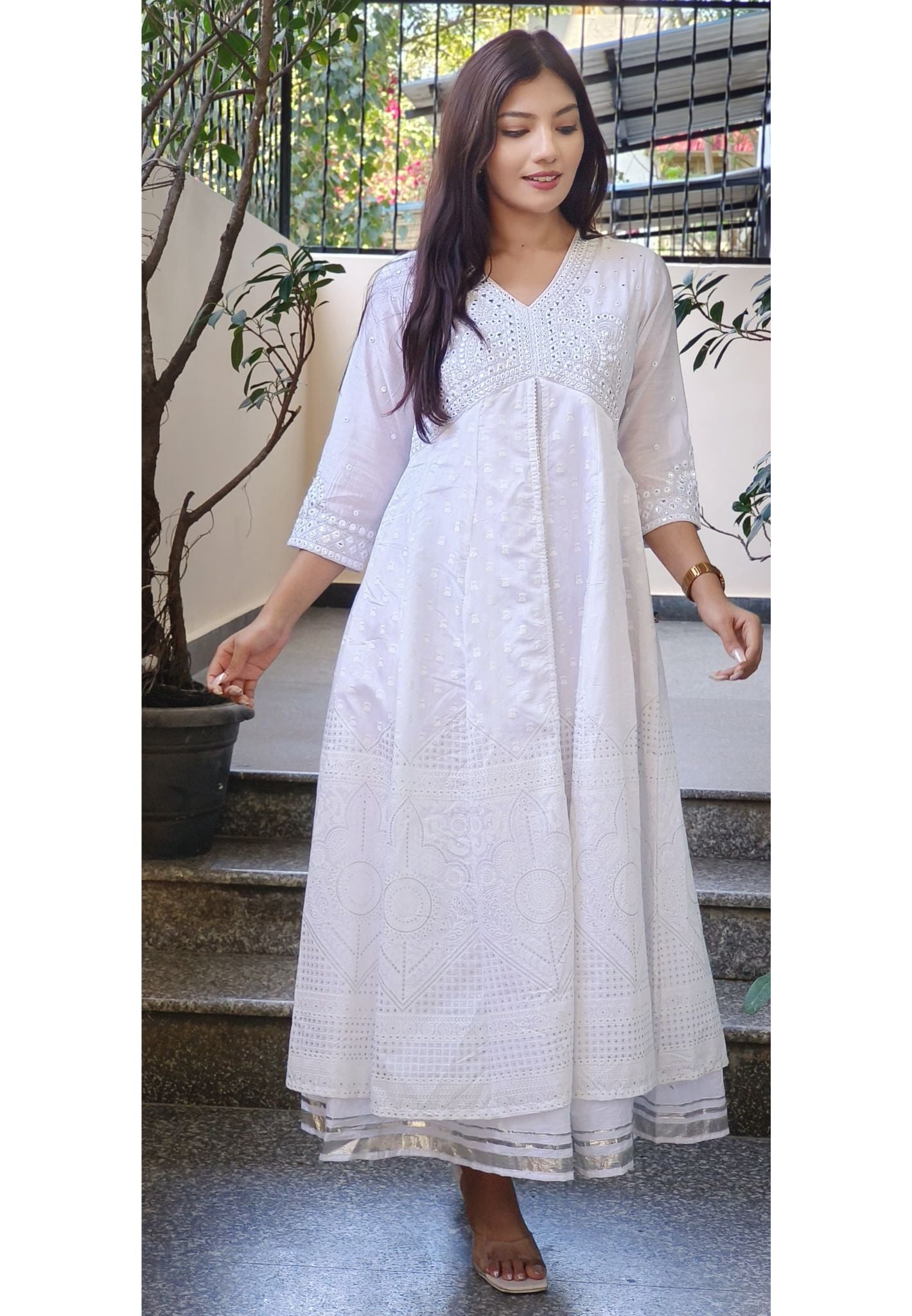Elegant Foil Mirror Cotton Anarkali Kurti Gown