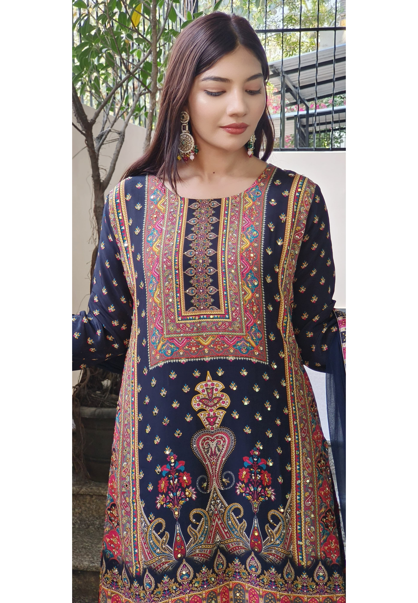 Digital Print Black Crepe Palazzo Set with Kurta and Real Mirror Work Dupatta