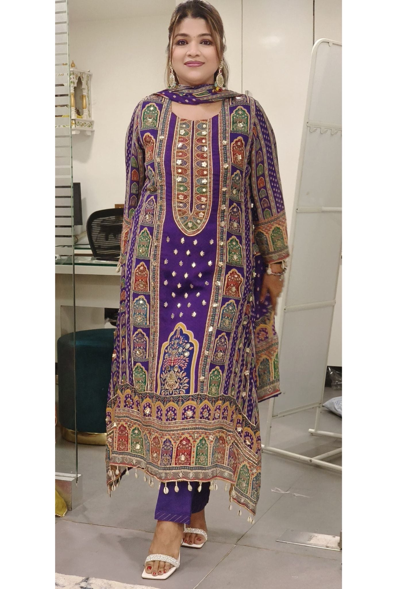 Graceful Purple High-Low Pure Chinon Pakistani Suit with Intricate Kodi & Gota Work