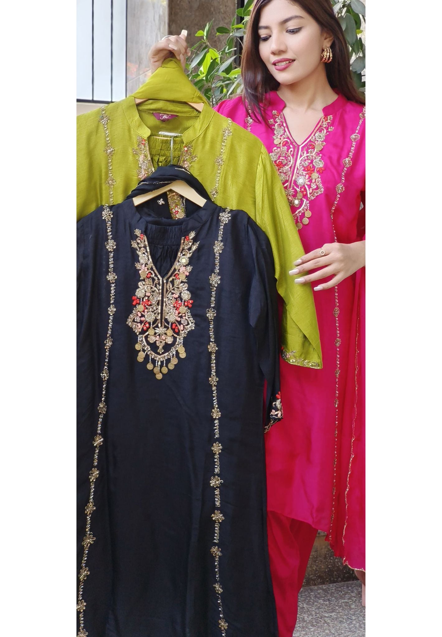 Elegant Dola Silk Hi-Low Suit Set with Intricate Embroidered Neck