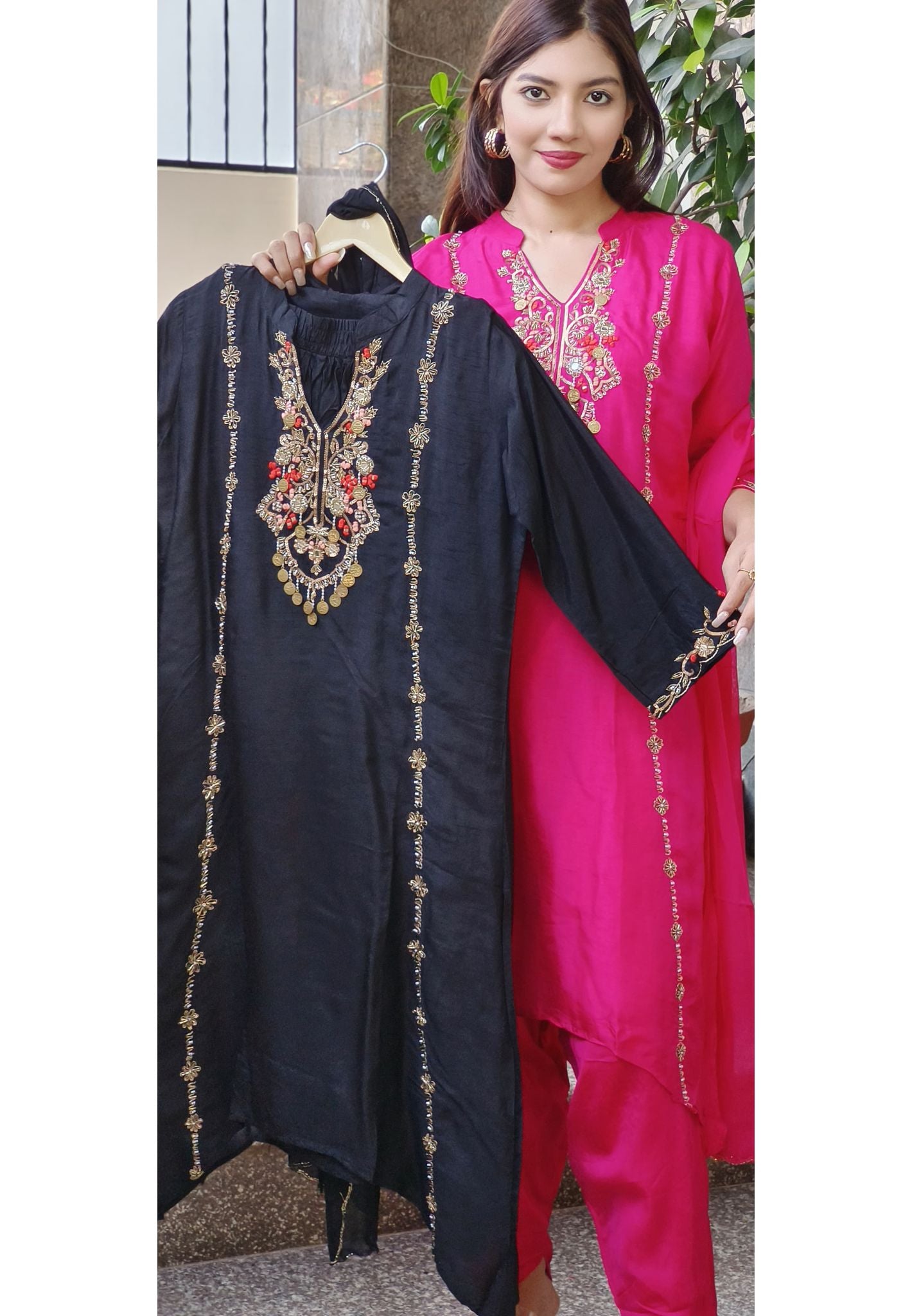 Elegant Dola Silk Hi-Low Suit Set with Intricate Embroidered Neck