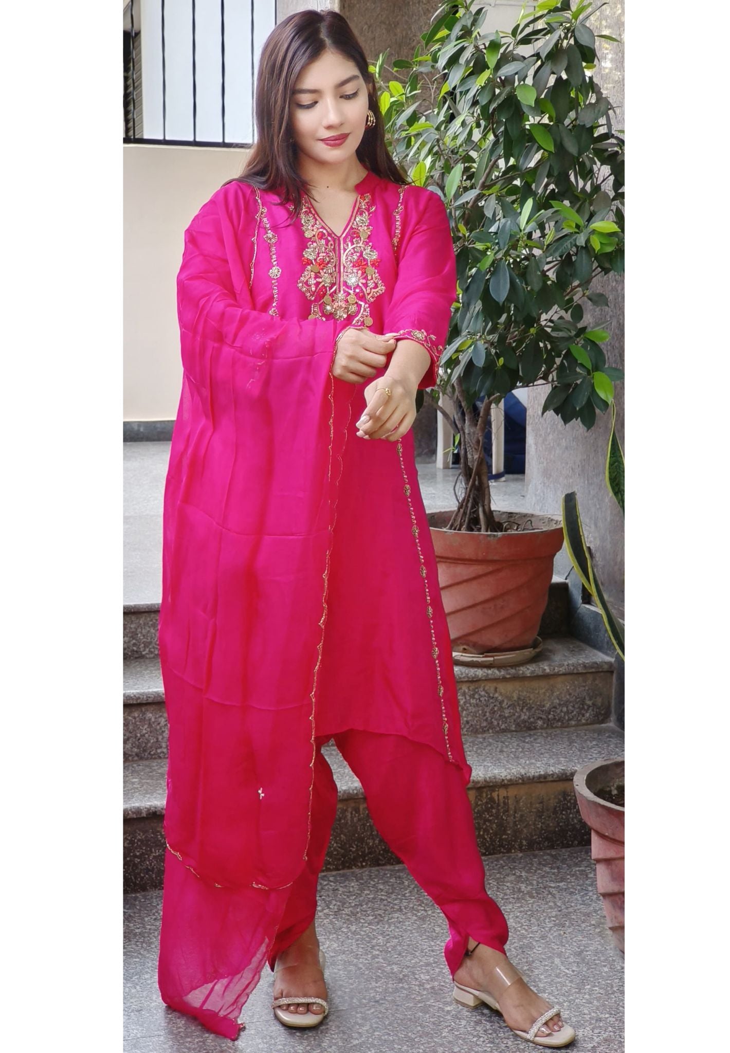 Elegant Dola Silk Hi-Low Suit Set with Intricate Embroidered Neck