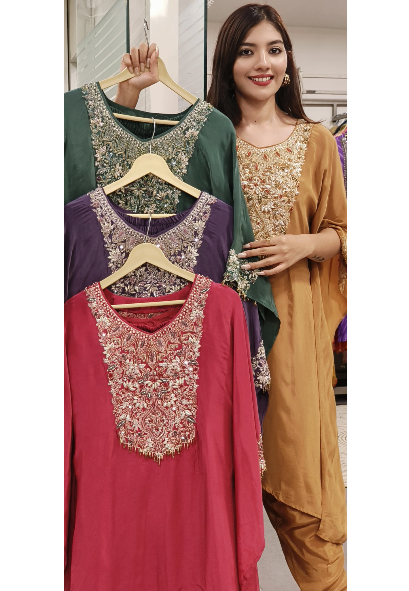 Elegant Zardozi Front Back Embroidered Crepe Kaftan with Tulip Bottom – A Perfect Fusion of Grace and Comfort-08983,08984,08985,08986