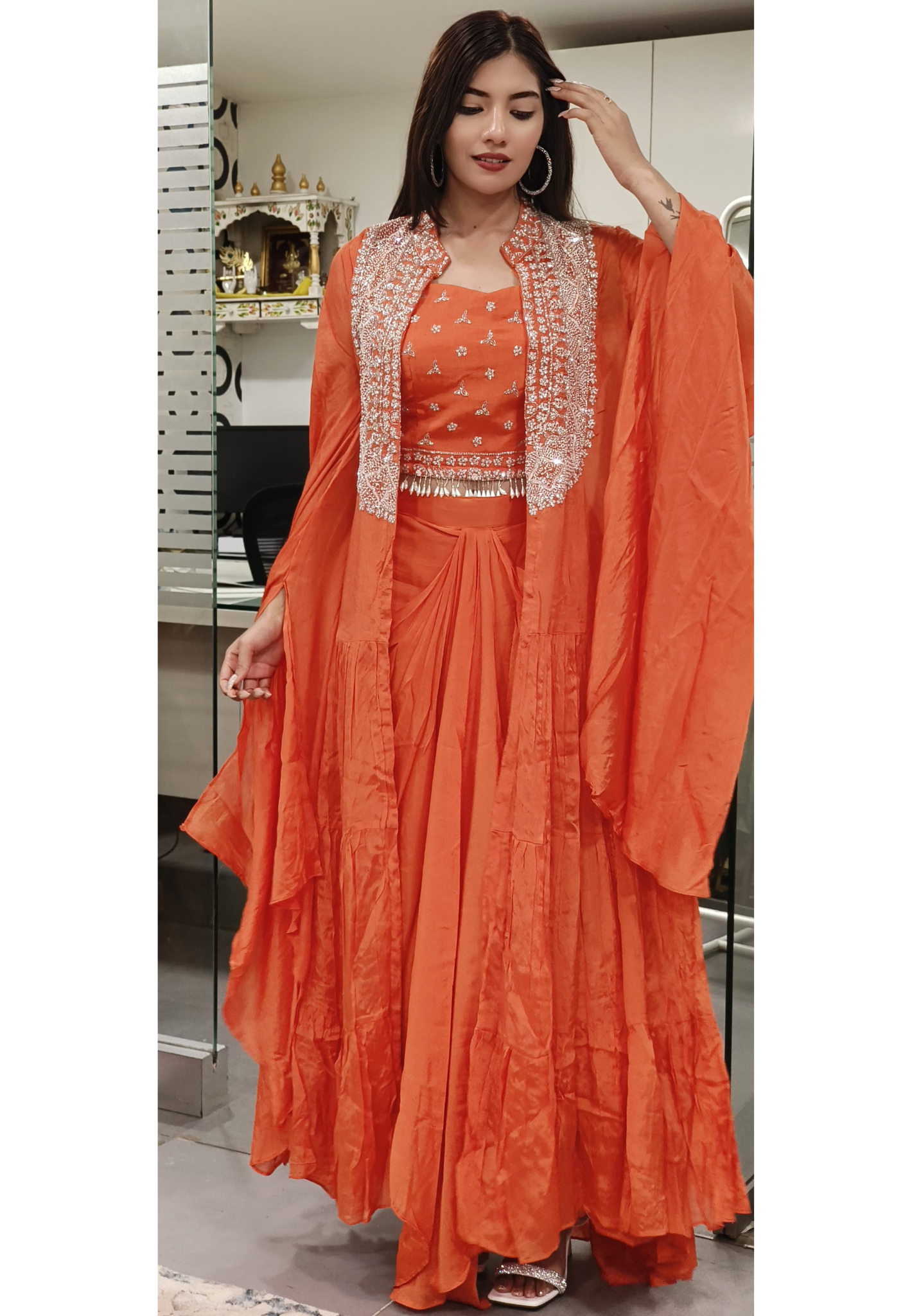 Designer Chinon Cut dana Embroidered Indowestern Crop top with Skirt And Shrug-09013,09014,09015