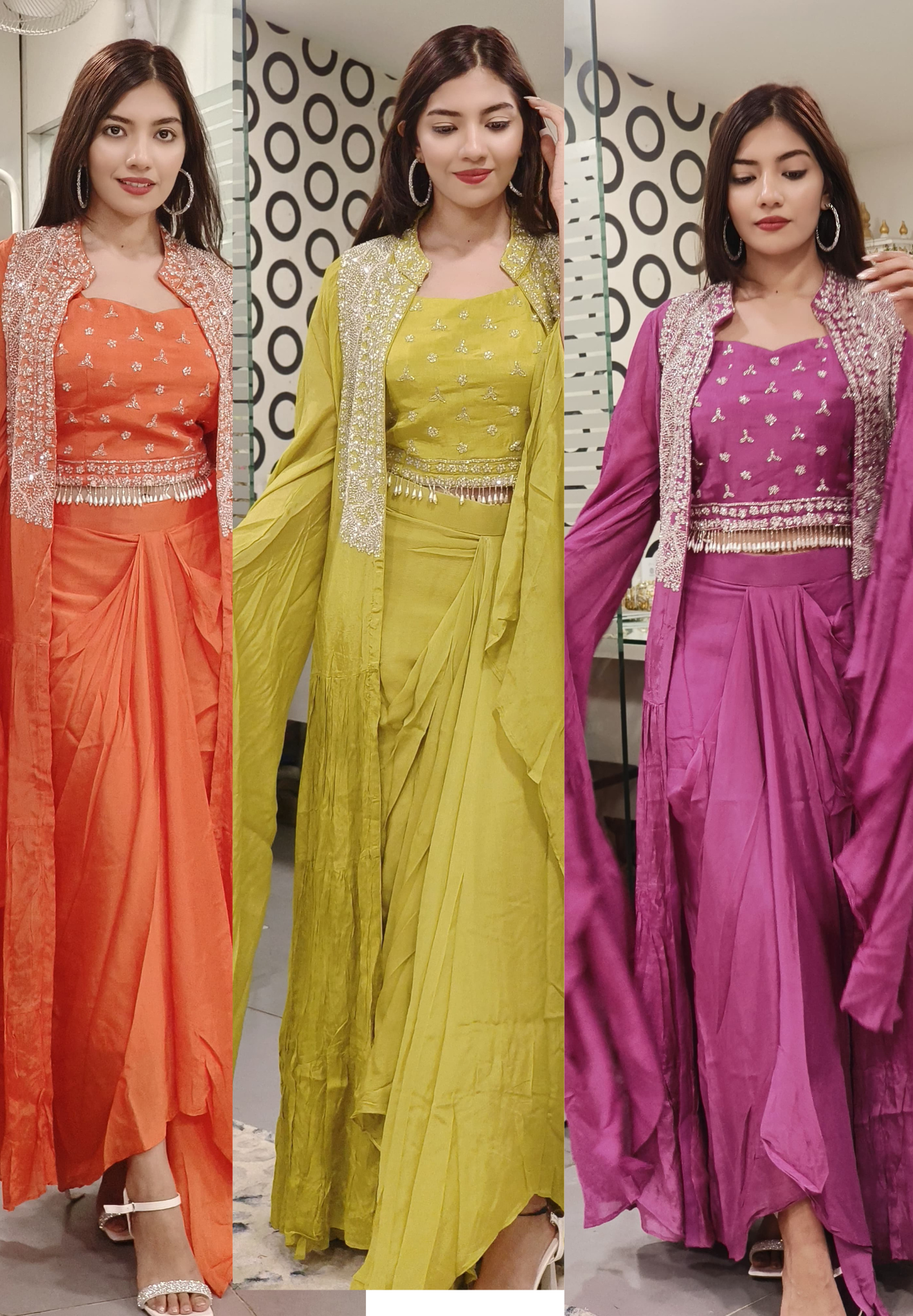 Designer Chinon Cut dana Embroidered Indowestern Crop top with Skirt And Shrug-09013,09014,09015