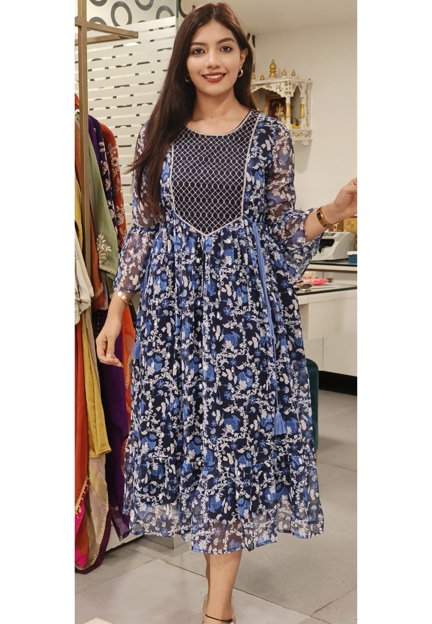 Graceful Floral Georgette Lurix Fabric Frock with Flared Sleeves-09102