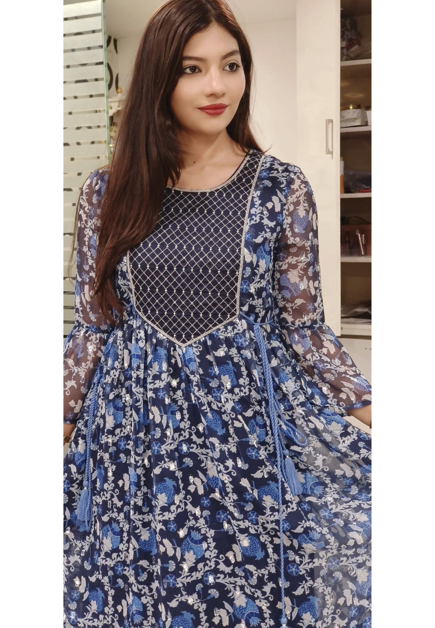 Graceful Floral Georgette Lurix Fabric Frock with Flared Sleeves-09102