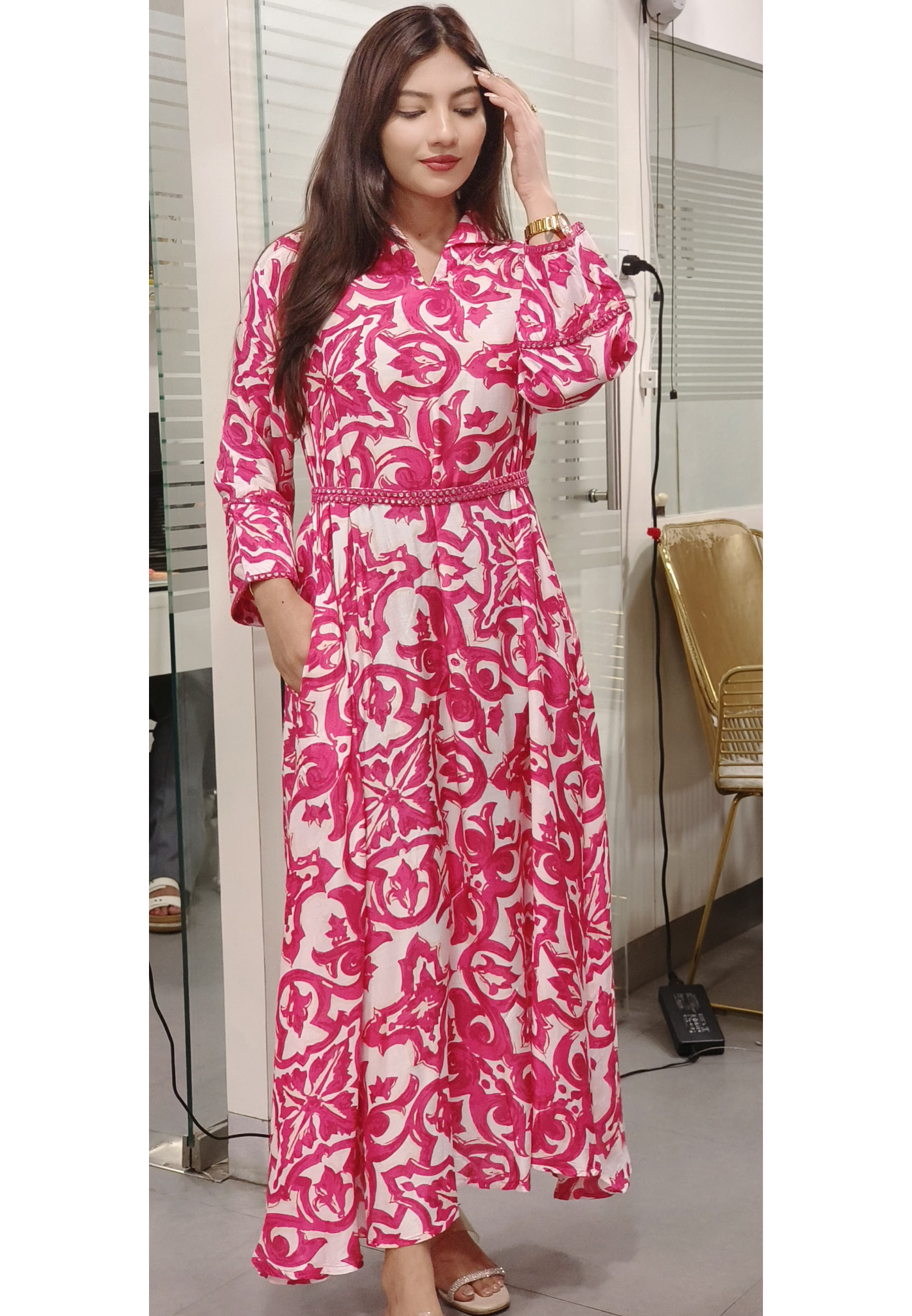 Elegant Collar Pink Printed Muslin Frock with Flare Sleeves with Foil Mirror Embroidery with pocket and belt