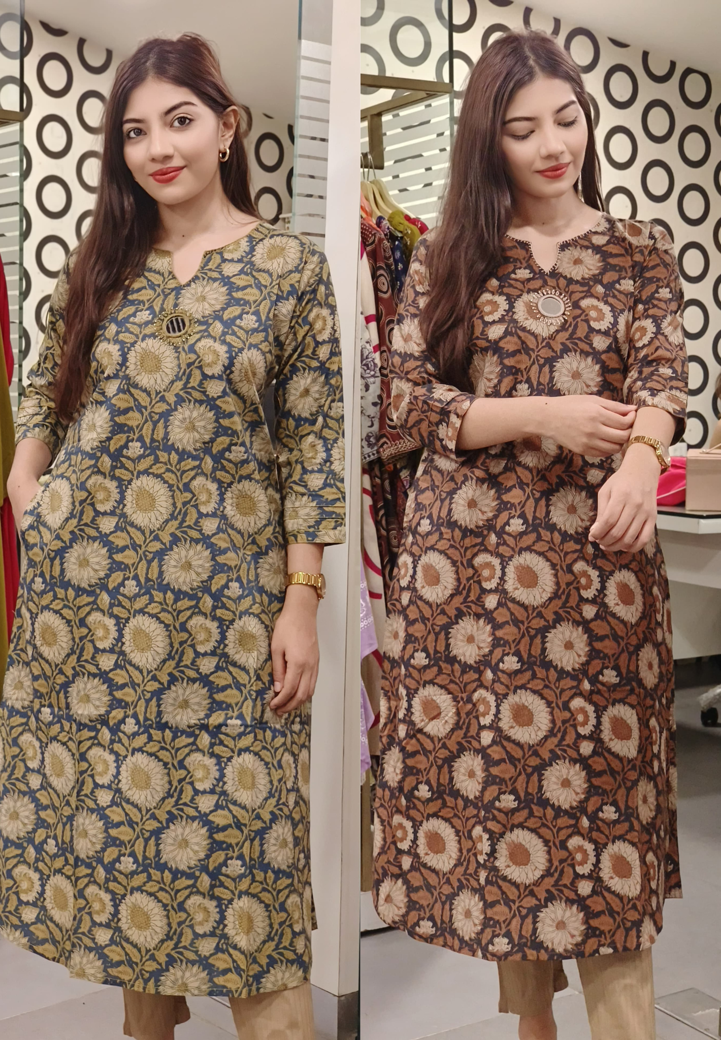 Flower Printed Aline Cotton With Mirror Emblishment Only Kurti With Pockets-09171,09172