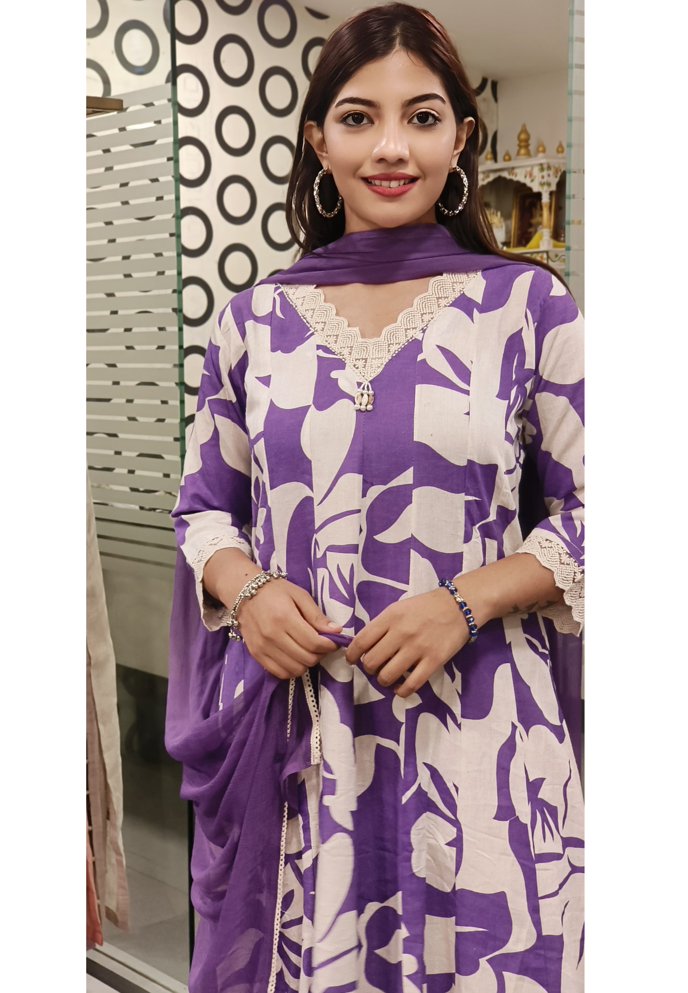 Graceful Flex Cotton A-Line Anarkali Suit with Floral Print & Crochet Lace Detailing – 09169