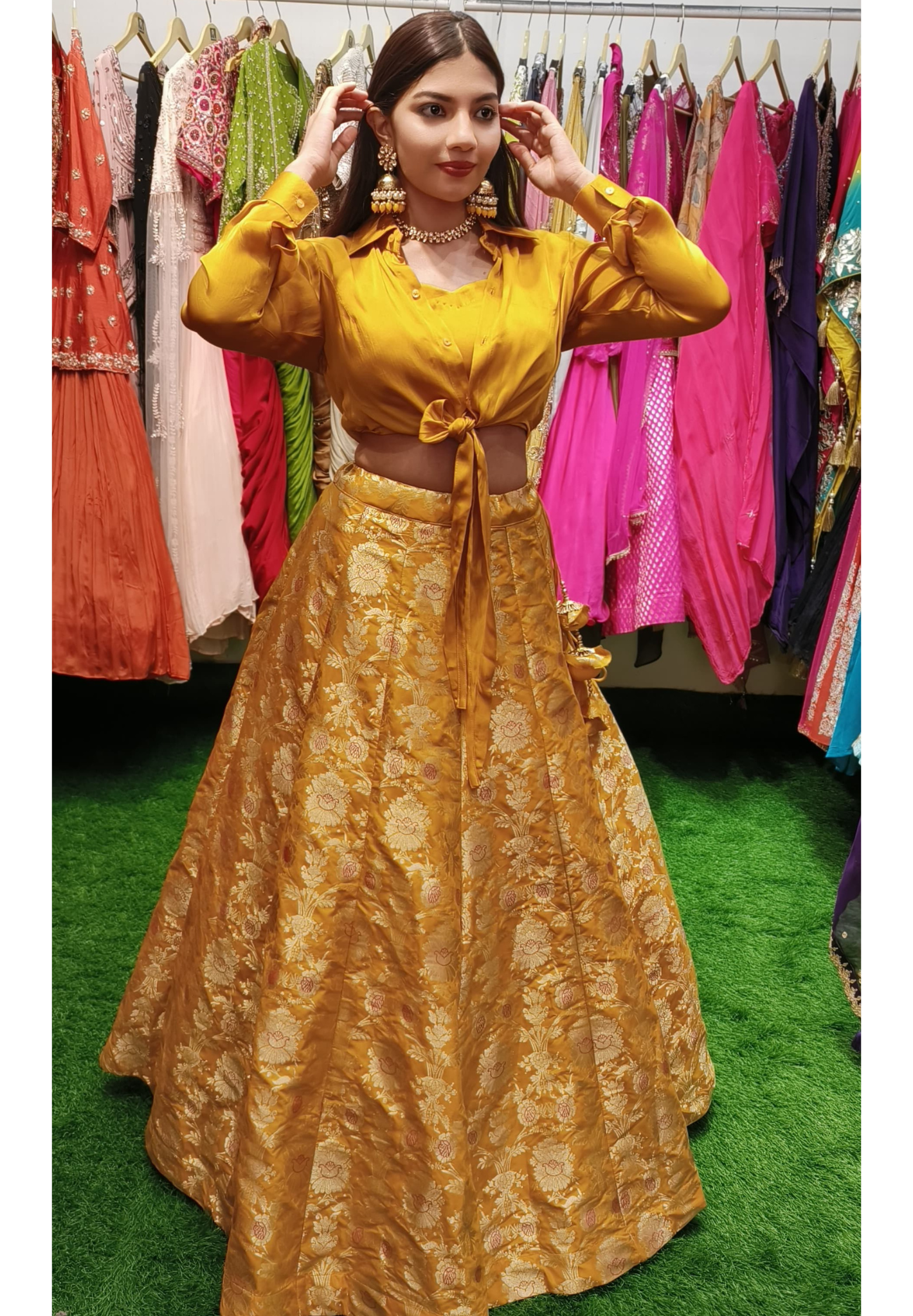Satin Knot-Style Indo-Western Shirt Paired with Banarasi Skirt DRY WASH-ONLY ON ORDERS DISPATCHING AFTER 30 DAYS
