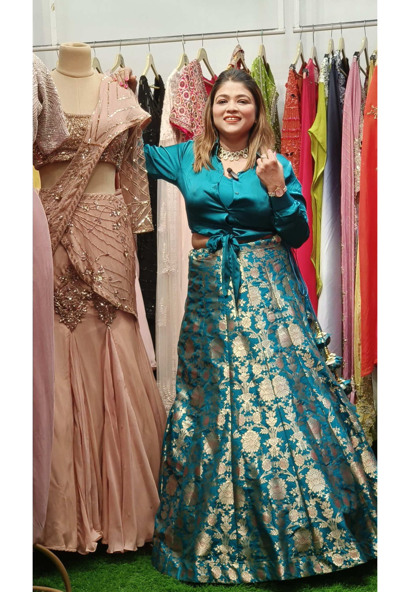 Satin Knot-Style Indo-Western Shirt Paired with Banarasi Skirt DRY WASH-ONLY ON ORDERS DISPATCHING AFTER 30 DAYS