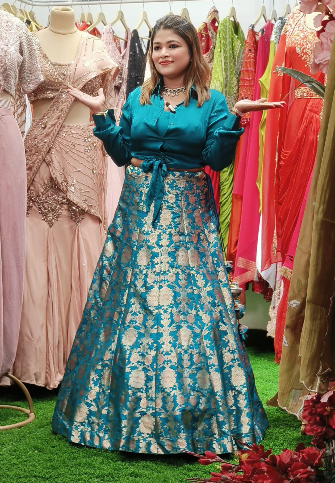 Satin Knot-Style Indo-Western Shirt Paired with Banarasi Skirt DRY WASH-ONLY ON ORDERS DISPATCHING AFTER 30 DAYS