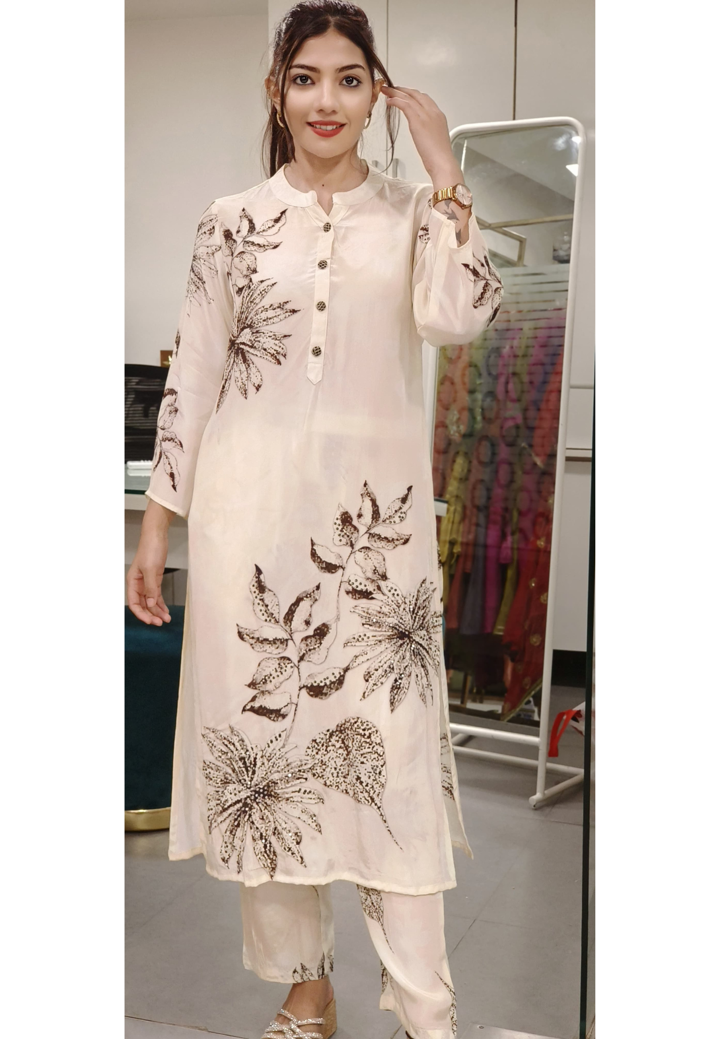 Pure Crepe Kurta Pant Set with Artistic Black Floral Print 9128