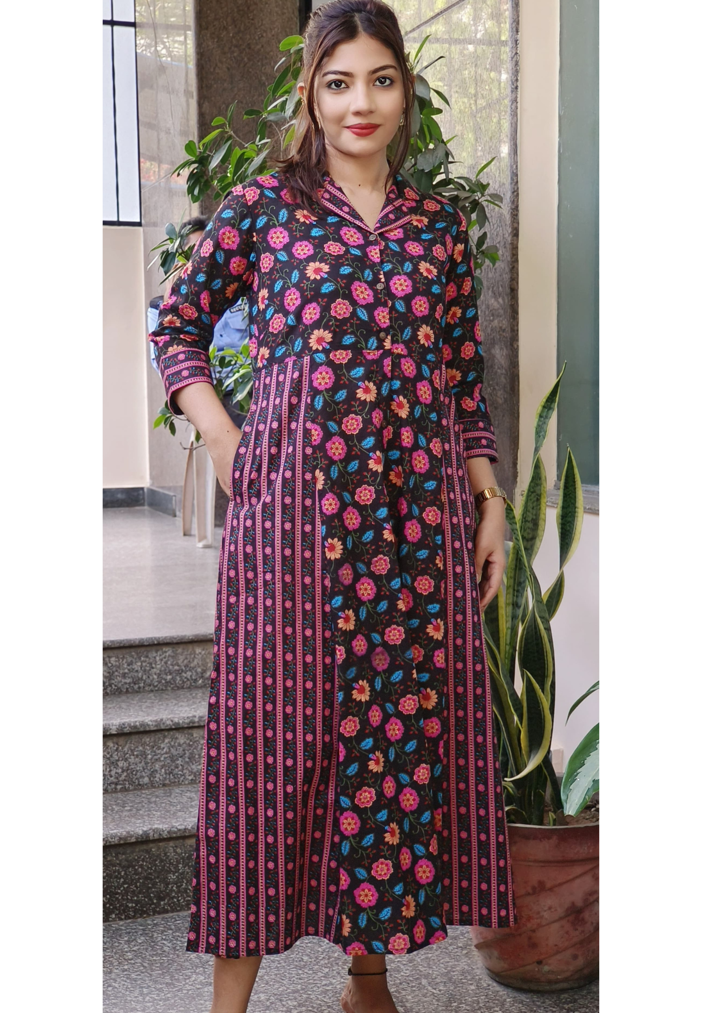 Summer friendly Cotton collar printed frock with pockets 09196,09198,09197