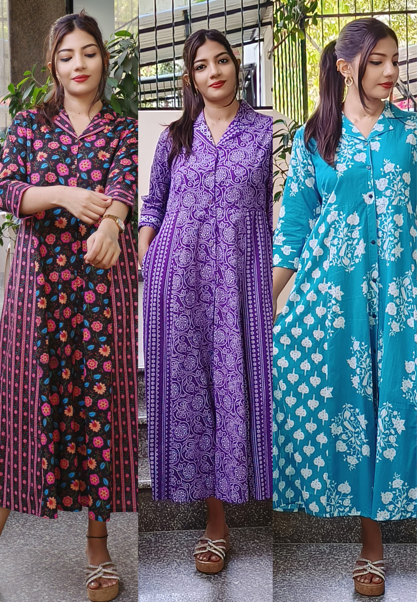 Summer friendly Cotton collar printed frock with pockets 09196,09198,09197