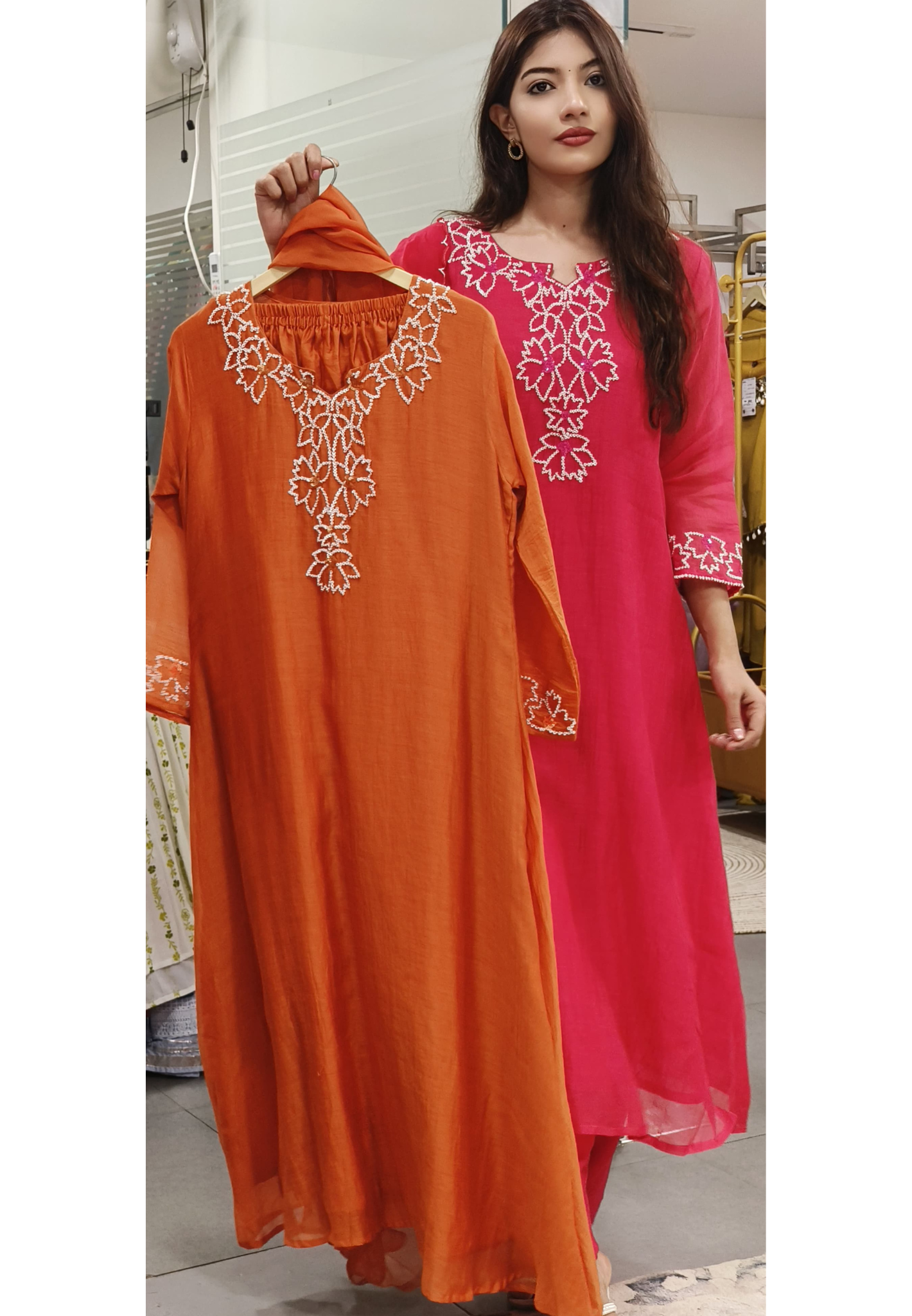 Bead Embroidered Mul Chanderi Cotton Aline Full Suit Set