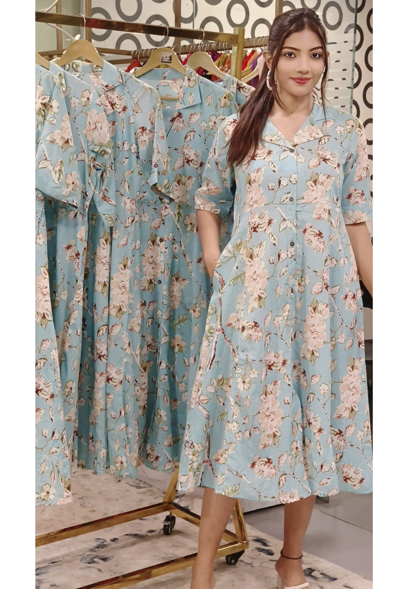 Collar style Floral Print Casual Frock With Pocket-9530,9531