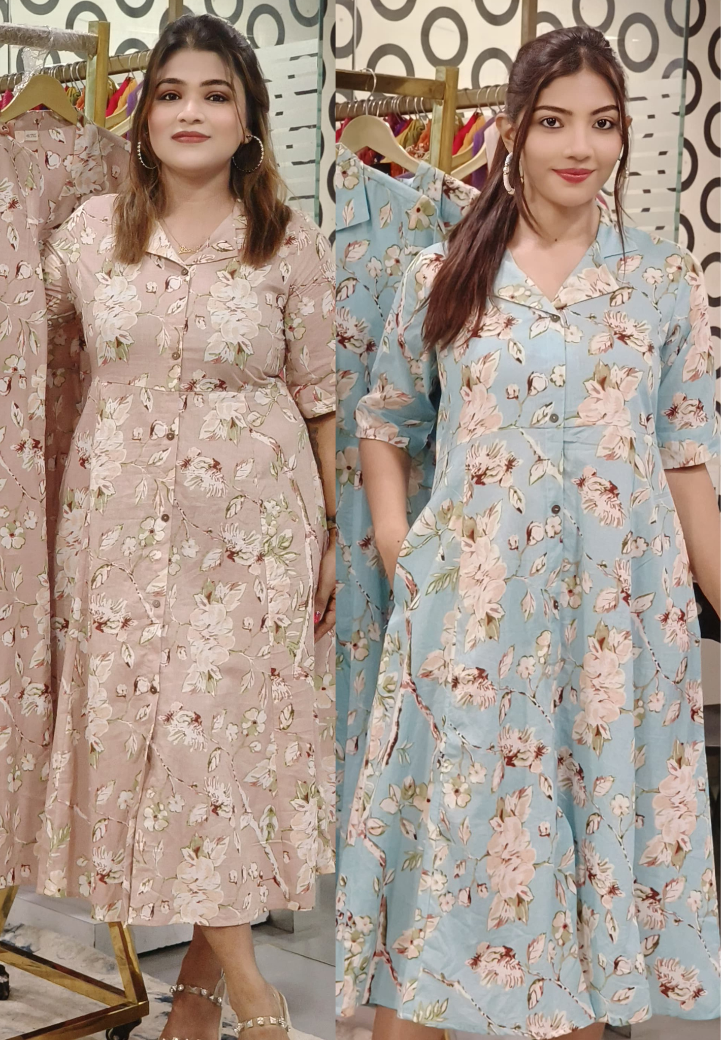 Collar style Floral Print Casual Frock With Pocket-9530,9531